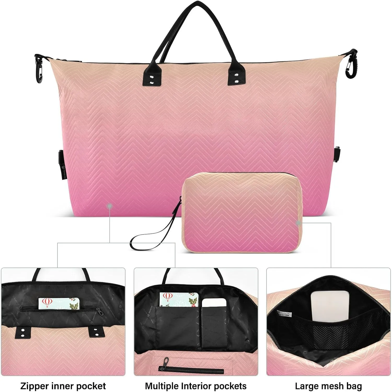 DOMIKING Pink Yellow Gradient Travel Duffle Bag Foldable Weekender Overnight Bags for Women Men Carry On Luggage Bag Personal Item Travel Bag with Toiletry Bag for Sports Trip Weekend, 2 Pcs