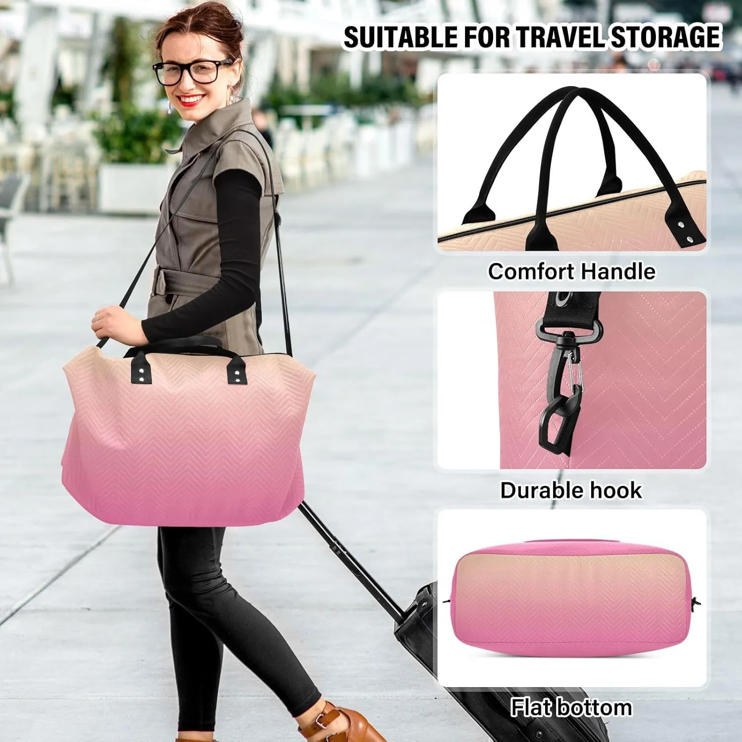DOMIKING Pink Yellow Gradient Travel Duffle Bag Foldable Weekender Overnight Bags for Women Men Carry On Luggage Bag Personal Item Travel Bag with Toiletry Bag for Sports Trip Weekend, 2 Pcs