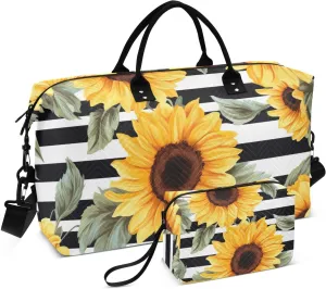 DOMIKING Strip Sunflowers Travel Duffle Bag Foldable Weekender Overnight Bags for Women Men Carry On Luggage Bag Personal Item Travel Bag with Toiletry Bag for Weekend Business Trip, 2 Pcs