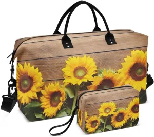 DOMIKING Sunflower Plank Travel Duffle Bag Foldable Weekender Overnight Bags for Women Men Carry On Tote Bag Personal Item Travel Bag with Toiletry Bag for Sport Business Weekend, 2 Pcs