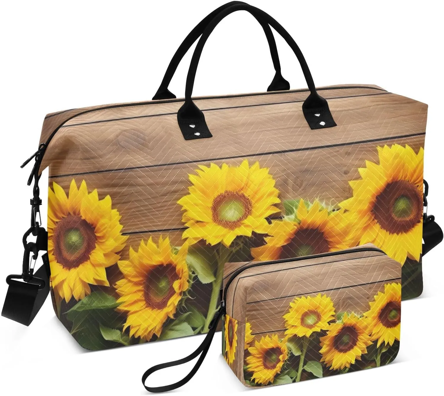 DOMIKING Sunflower Plank Travel Duffle Bag Foldable Weekender Overnight Bags for Women Men Carry On Tote Bag Personal Item Travel Bag with Toiletry Bag for Sport Business Weekend, 2 Pcs