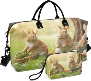 DOMIKING Sunlight Rabbits Travel Duffle Bag Foldable Weekender Overnight Bags for Women Men Carry On Bag Personal Item Travel Bag with Toiletry Bag for Sport Business Weekend, 2 Pcs