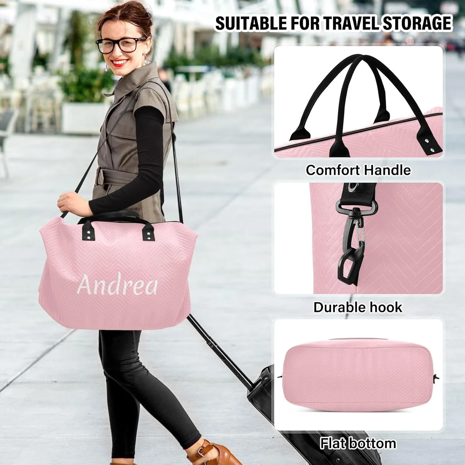 DOMIKING Ticklend Pink Personalized Duffel Bag Foldable Weekender Bag Overnight Bags for Women Men Custom Sport Gym Bag with Toiletry Bag for Business Trip Travel, 2 Pcs