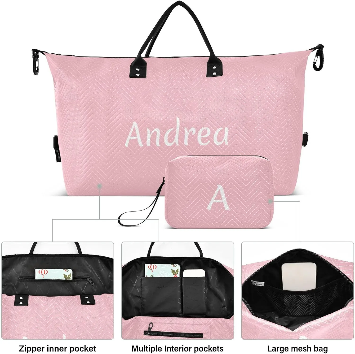 DOMIKING Ticklend Pink Personalized Duffel Bag Foldable Weekender Bag Overnight Bags for Women Men Custom Sport Gym Bag with Toiletry Bag for Business Trip Travel, 2 Pcs
