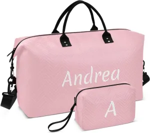DOMIKING Ticklend Pink Personalized Duffel Bag Foldable Weekender Bag Overnight Bags for Women Men Custom Sport Gym Bag with Toiletry Bag for Business Trip Travel, 2 Pcs