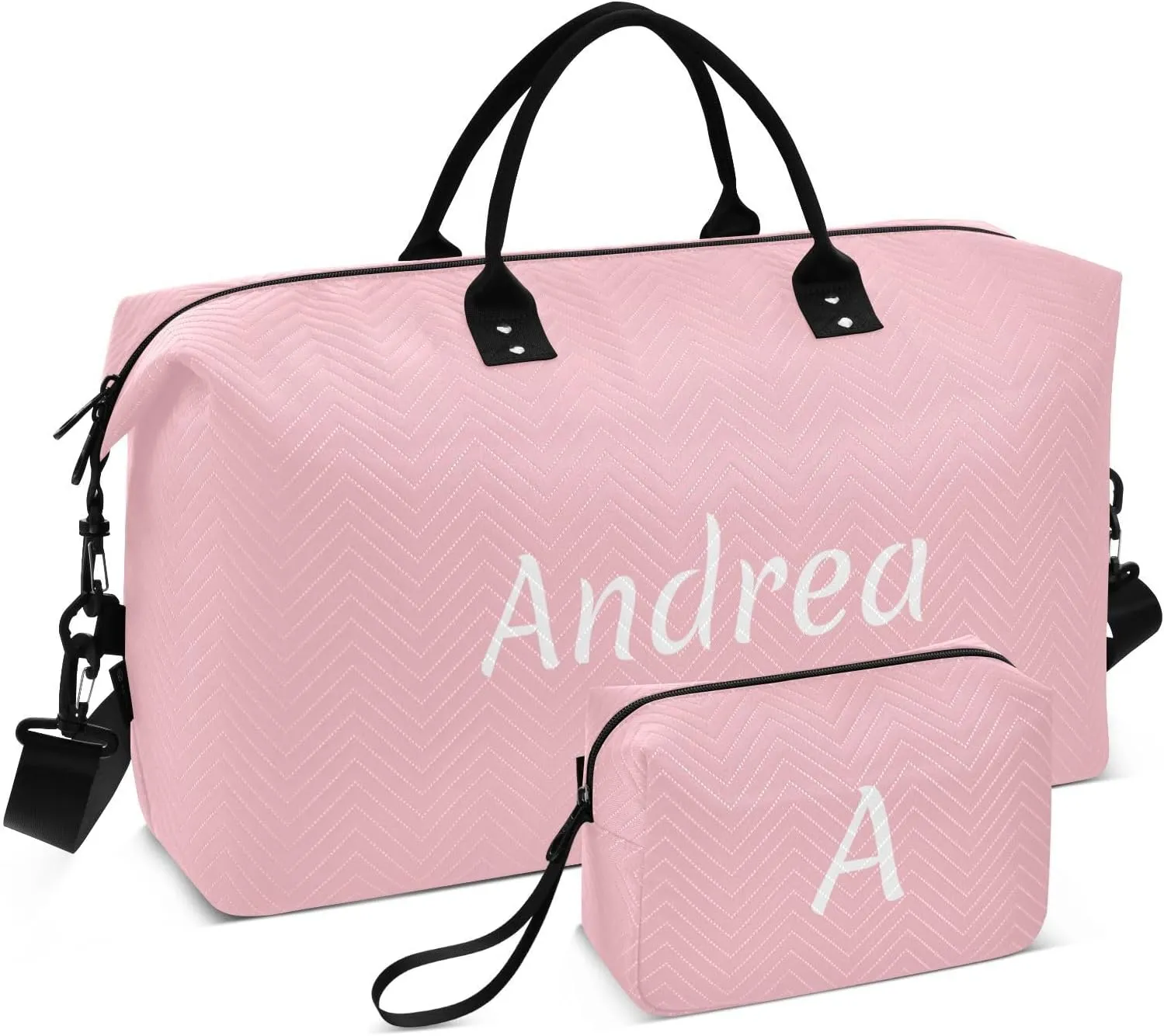DOMIKING Ticklend Pink Personalized Duffel Bag Foldable Weekender Bag Overnight Bags for Women Men Custom Sport Gym Bag with Toiletry Bag for Business Trip Travel, 2 Pcs