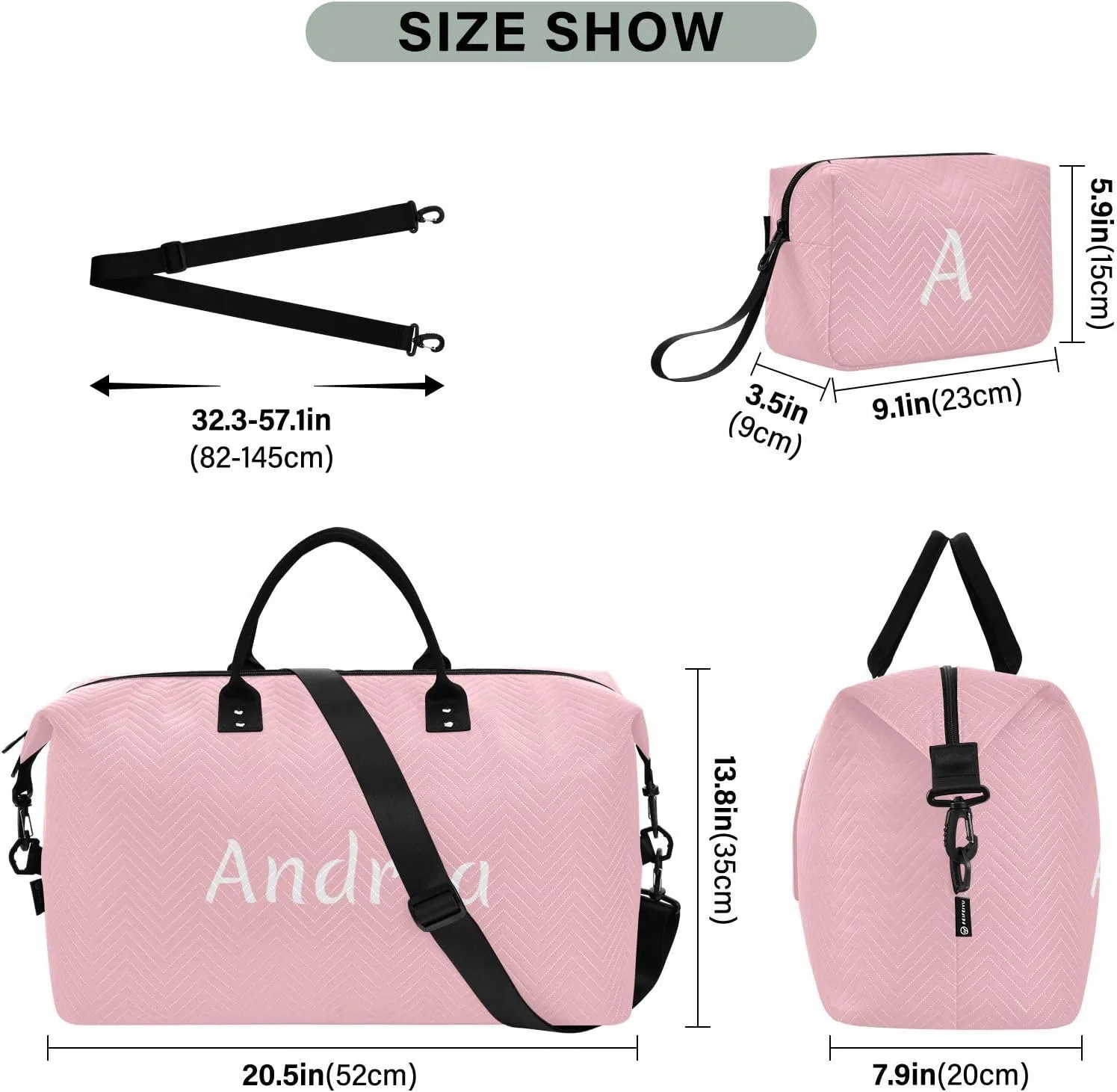 DOMIKING Ticklend Pink Personalized Duffel Bag Foldable Weekender Bag Overnight Bags for Women Men Custom Sport Gym Bag with Toiletry Bag for Business Trip Travel, 2 Pcs