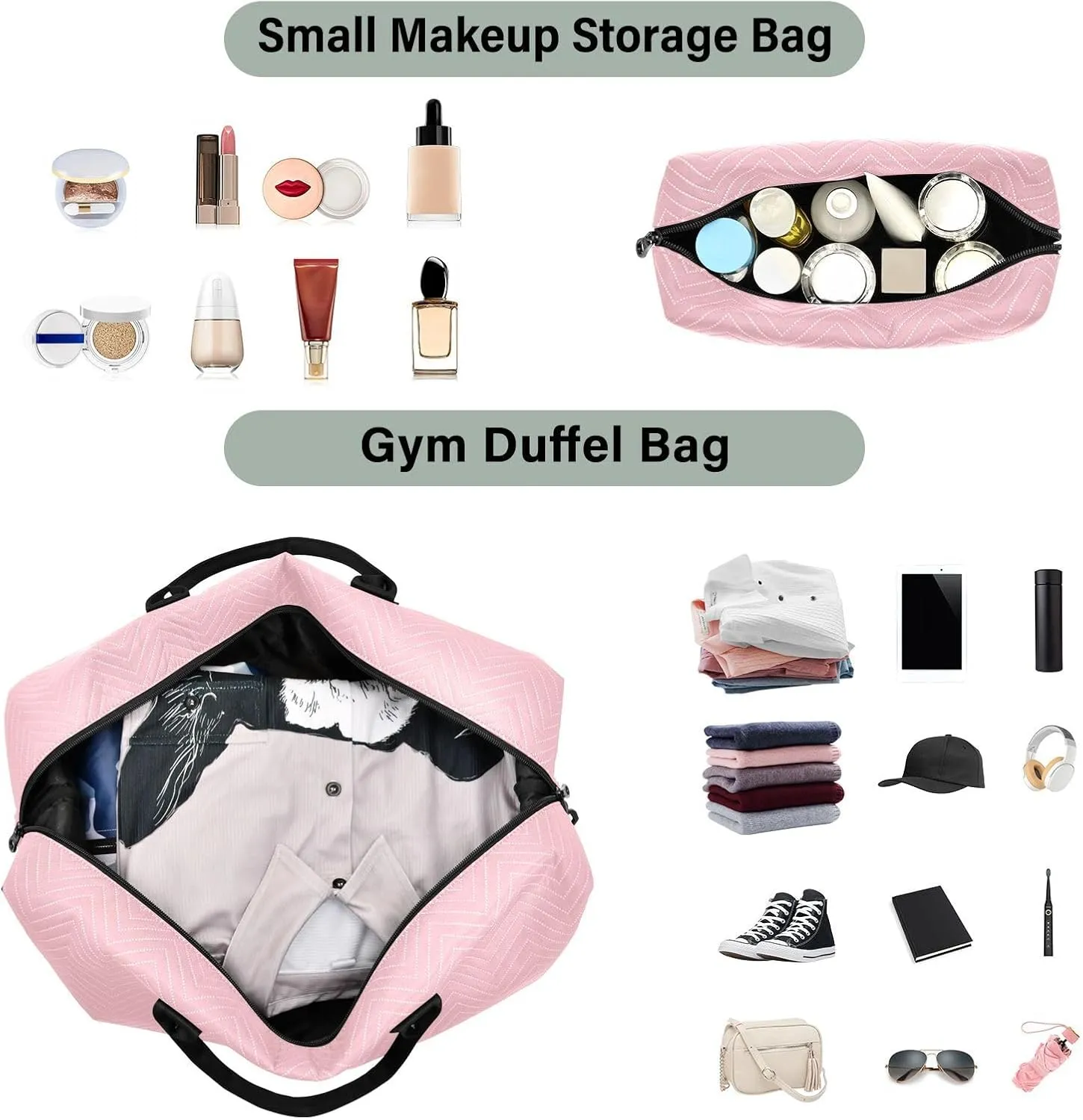 DOMIKING Ticklend Pink Personalized Duffel Bag Foldable Weekender Bag Overnight Bags for Women Men Custom Sport Gym Bag with Toiletry Bag for Business Trip Travel, 2 Pcs