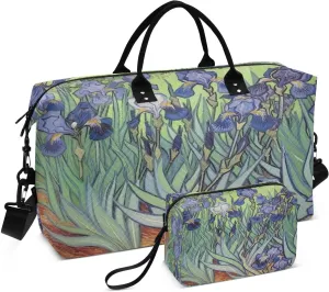 DOMIKING Van Gogh Iris Travel Duffle Bag Foldable Weekender Overnight Bags for Women Men Carry On Tote Bag Personal Item Travel Bag with Toiletry Bag for Trip Sport Gym Business, 2 Pcs
