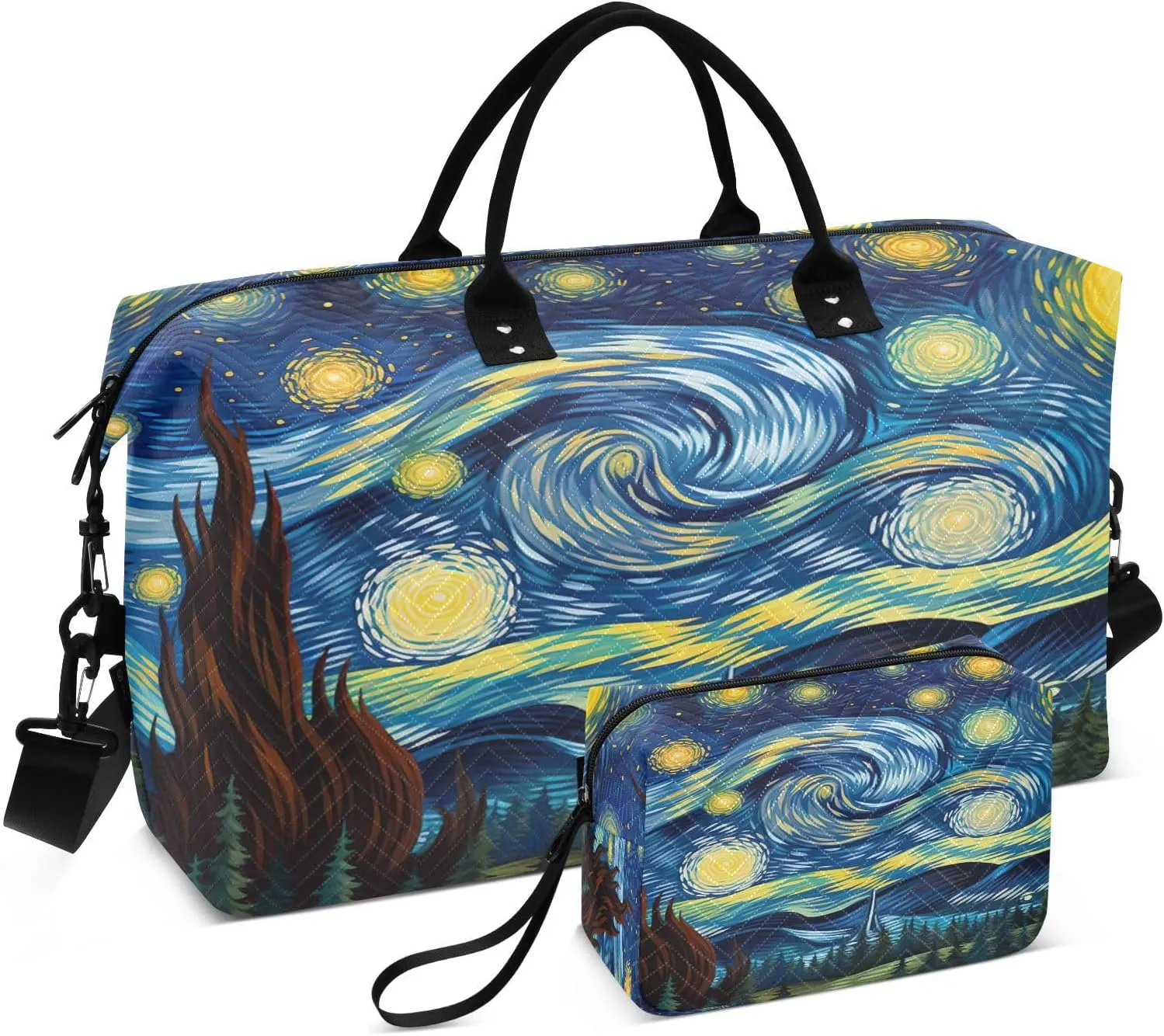DOMIKING Van Gogh Starry Night Sky Travel Duffle Bag Foldable Weekender Overnight Bags for Women Men Carry On Gym Bag Personal Item Travel Bag with Toiletry Bag for Business Hospital Trip, 2 Pcs