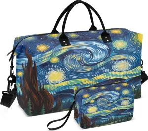 DOMIKING Van Gogh Starry Night Sky Travel Duffle Bag Foldable Weekender Overnight Bags for Women Men Carry On Gym Bag Personal Item Travel Bag with Toiletry Bag for Business Hospital Trip, 2 Pcs