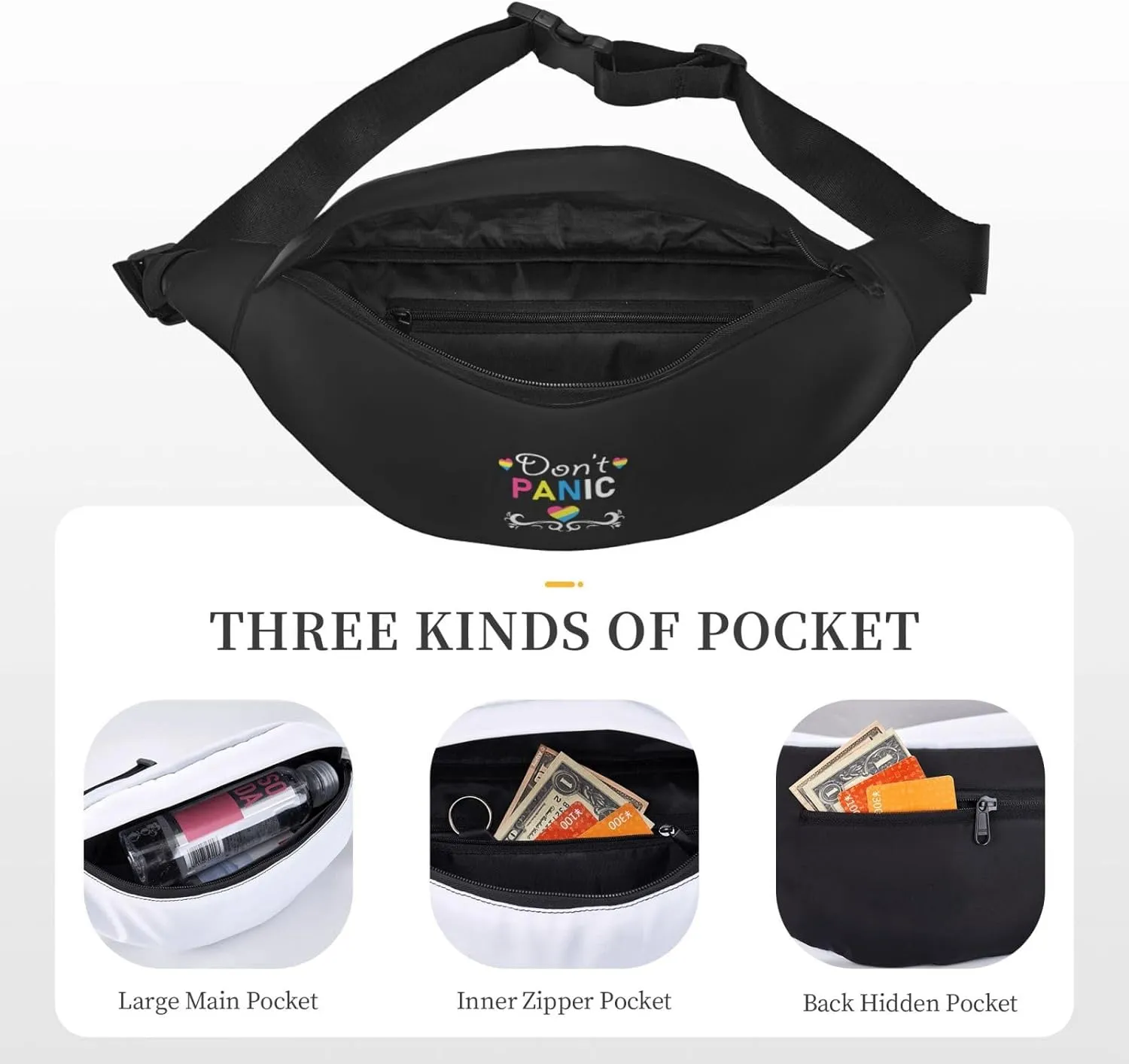 Don'T Panic Pansexual Lgbt Pride Waist Bag Adjustable Strap Waist Pack For Men&Women For Travel Hiking Running Outdoor Sports, Black