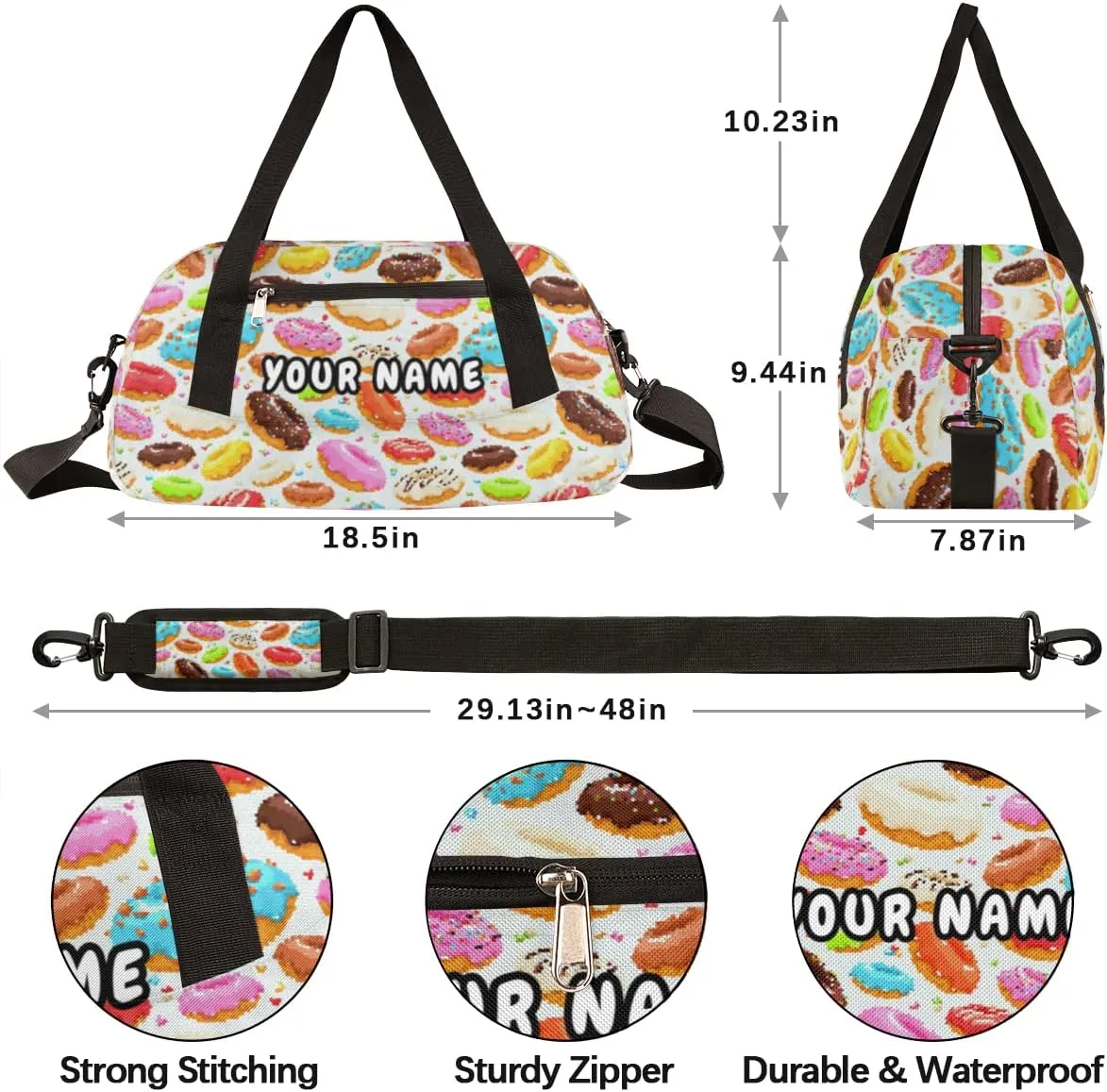 Donut Personalized Kids Duffel Bag for Girls Boys, Donut Debris Custom Dance Bag Overnight Small Duffel Bag Carry On Weekend Sports Travel Bag for School Practice Gymnastics Ballet