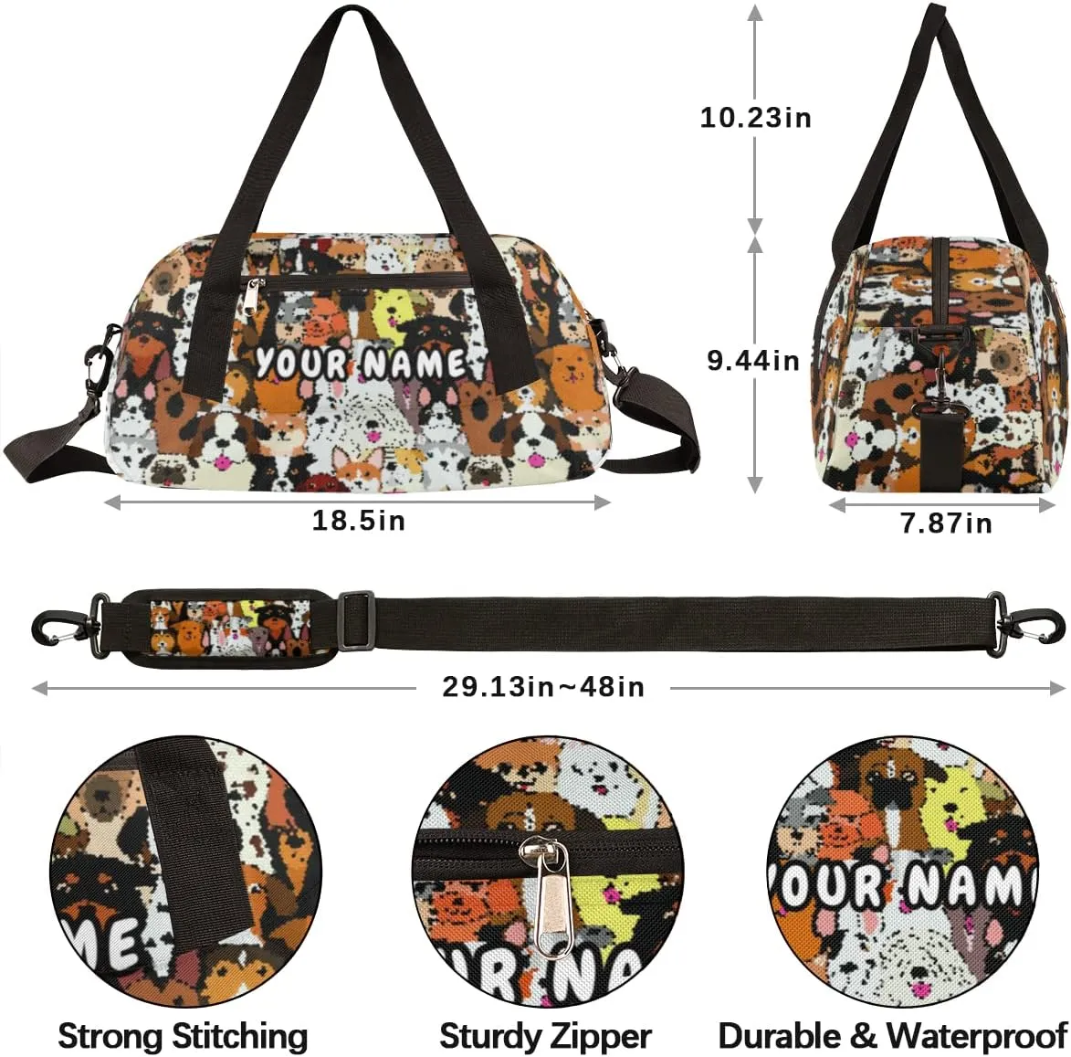 Doodle Dogs Colorful Personalized Kids Duffel Bag for Girls Boys, Dogs Debris Custom Dance Bag Overnight Small Duffel Bag Carry On Weekend Sports Travel Bag for School Practice Gymnastics Ballet