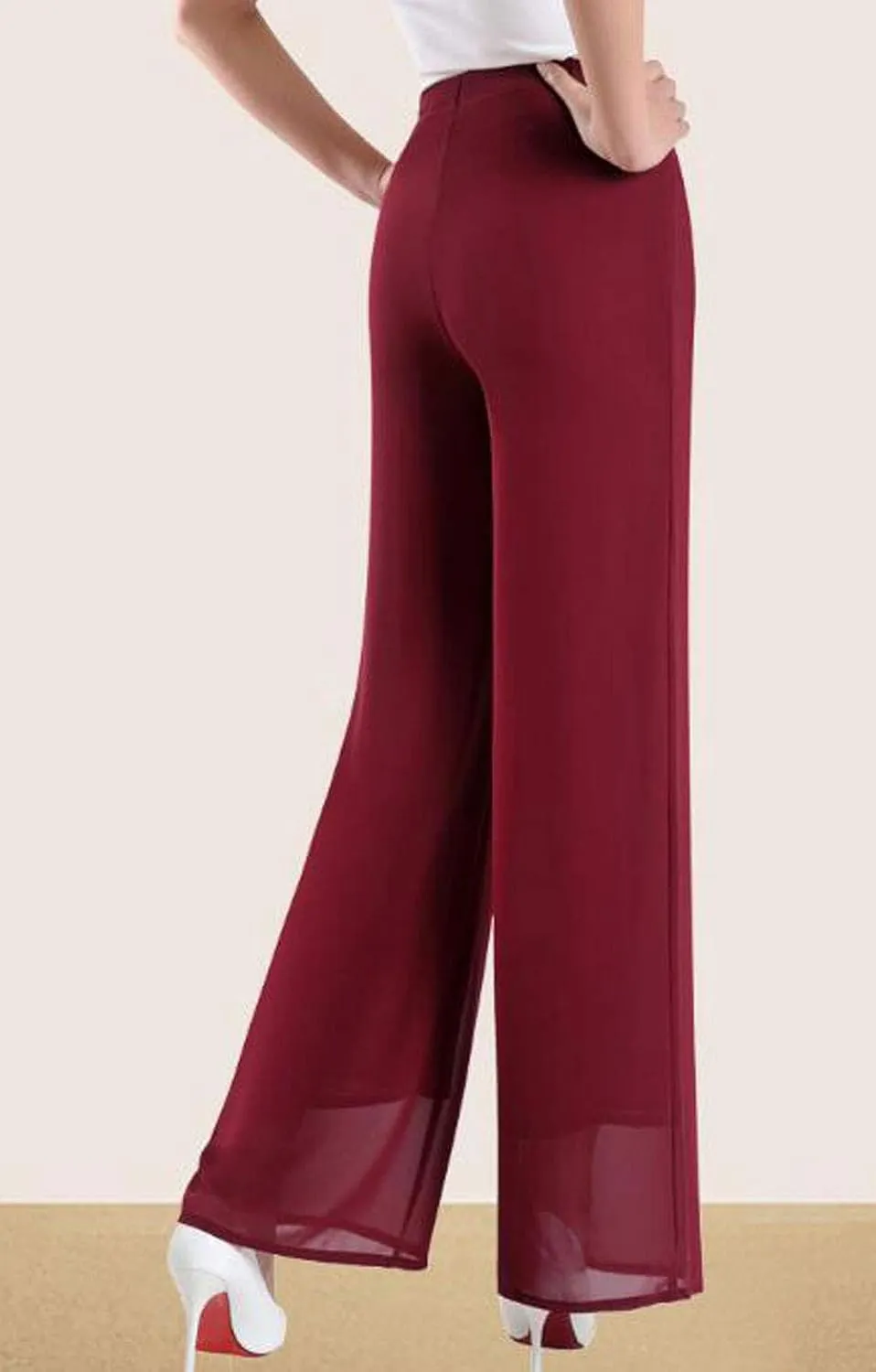 Double Plus Open Womens Chiffon High Waist Palazzo Dressy Pants Flare Elastic Waist Culottes Trousers Pant