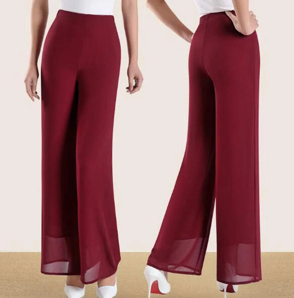 Double Plus Open Womens Chiffon High Waist Palazzo Dressy Pants Flare Elastic Waist Culottes Trousers Pant