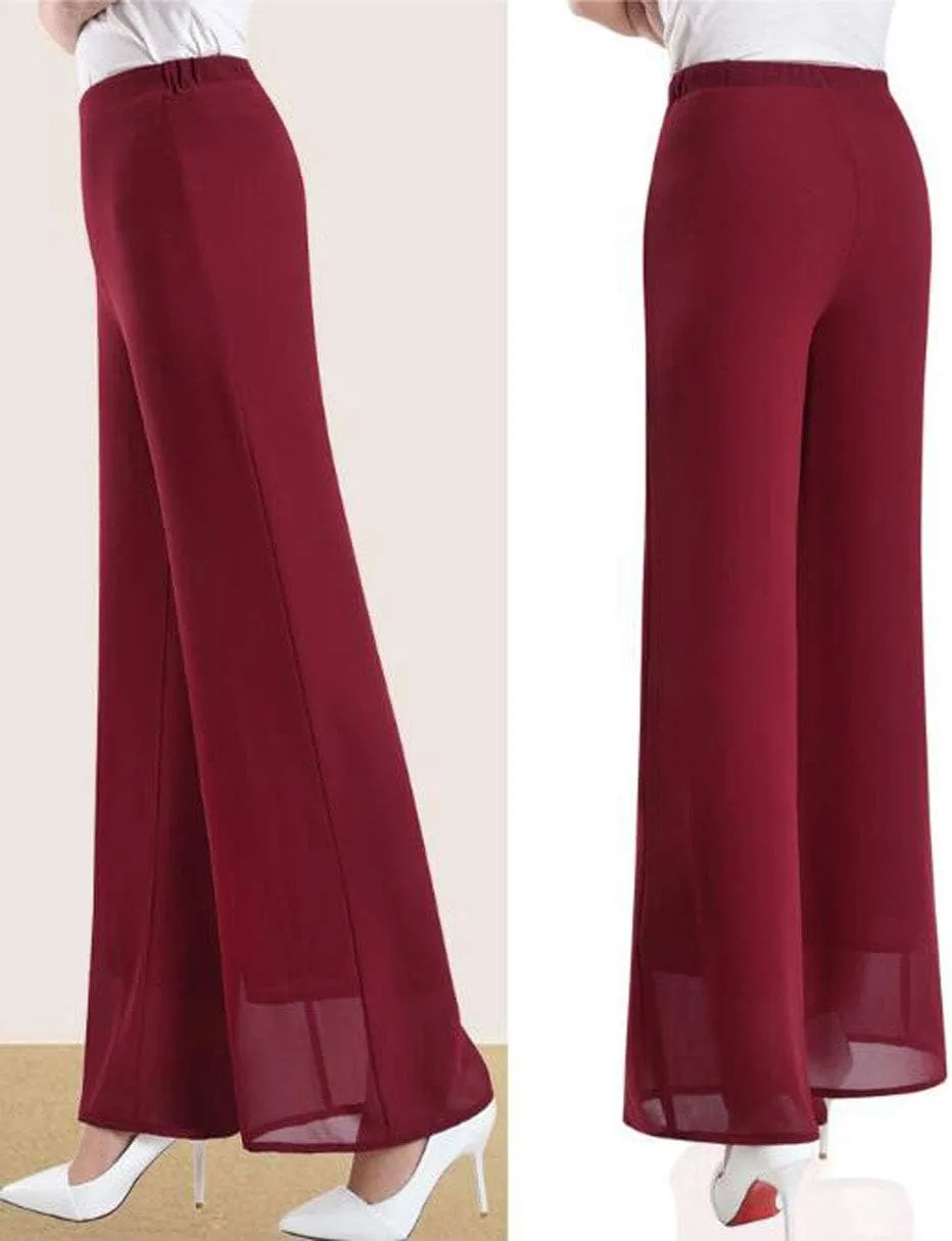 Double Plus Open Womens Chiffon High Waist Palazzo Dressy Pants Flare Elastic Waist Culottes Trousers Pant