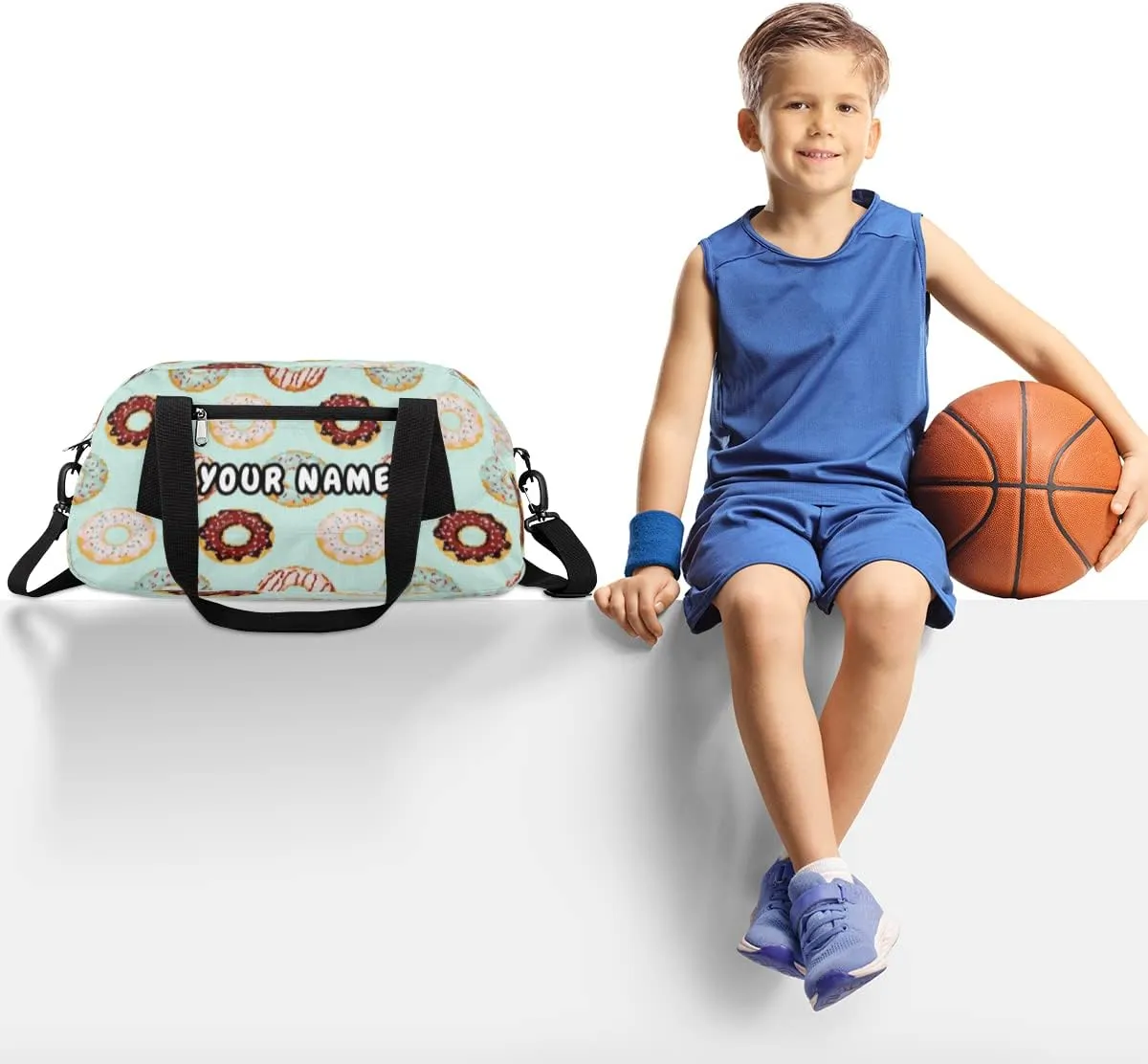 Doughnuts Personalized Kids Duffel Bag for Girls Boys, Donut Debris Custom Dance Bag Overnight Small Duffel Bag Carry On Weekend Sports Travel Bag for School Practice Gymnastics Ballet
