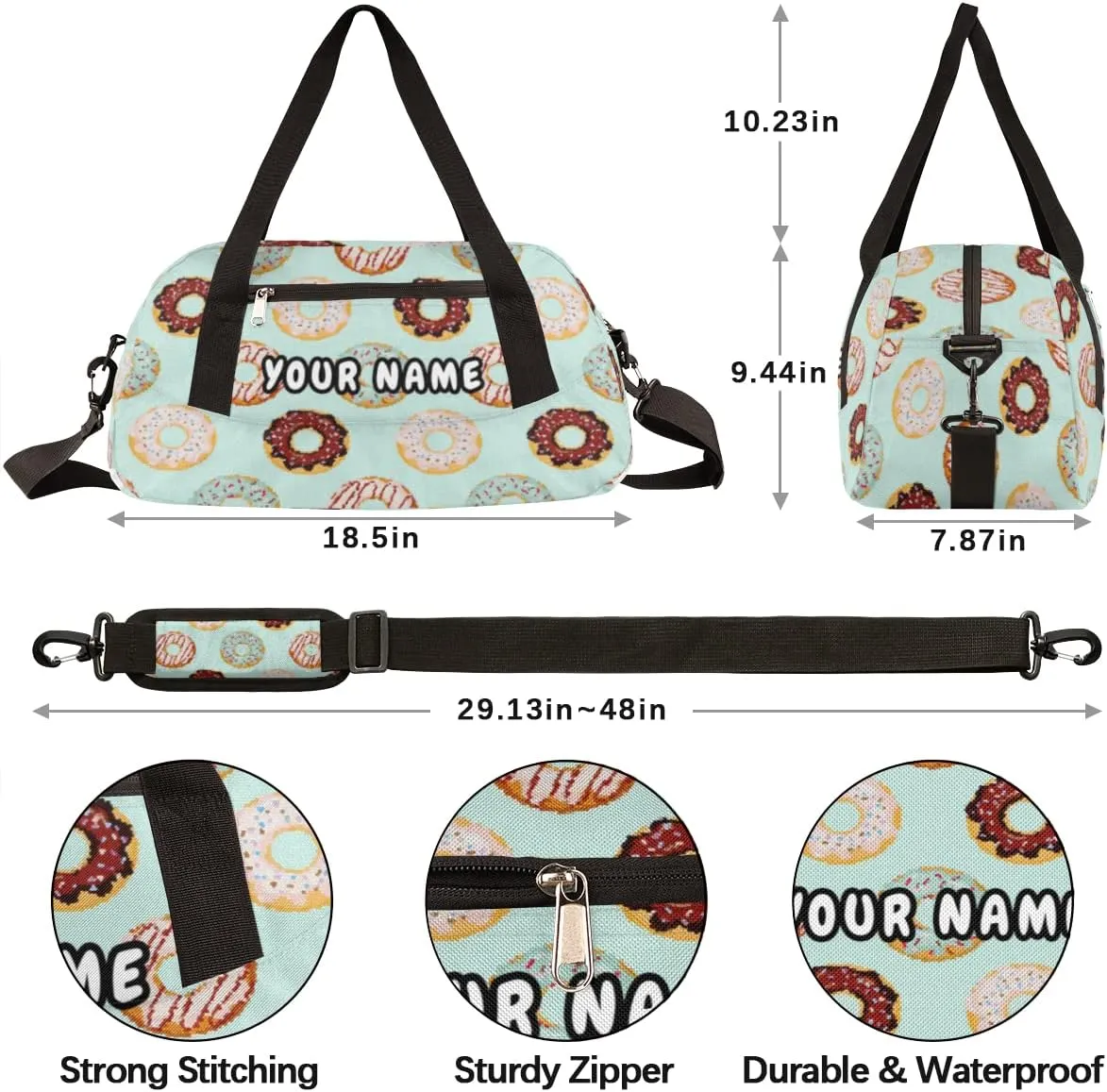 Doughnuts Personalized Kids Duffel Bag for Girls Boys, Donut Debris Custom Dance Bag Overnight Small Duffel Bag Carry On Weekend Sports Travel Bag for School Practice Gymnastics Ballet