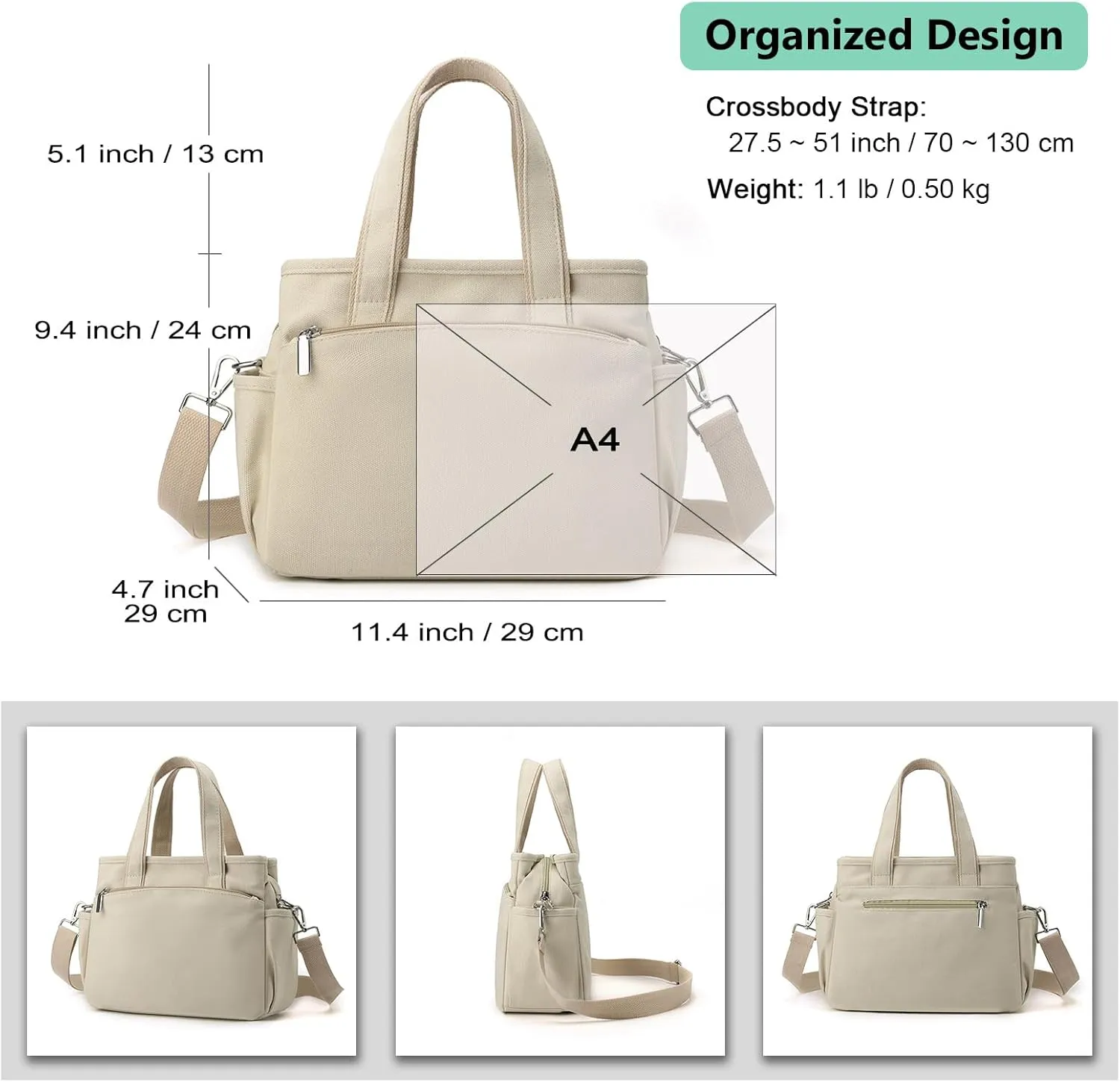 DOURR Canvas Crossbody Handbags for Women with 3 Zipper Compartments Durable Daily Satchel