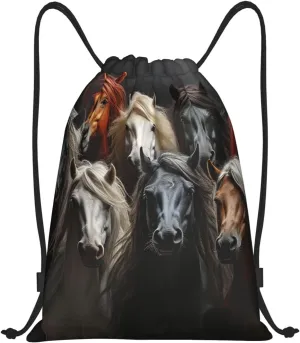 Drawstring Backpack Gym Bag Cinch Bag Foldable Draw String Back Bag Different Horses Drawstring Bags for Travel