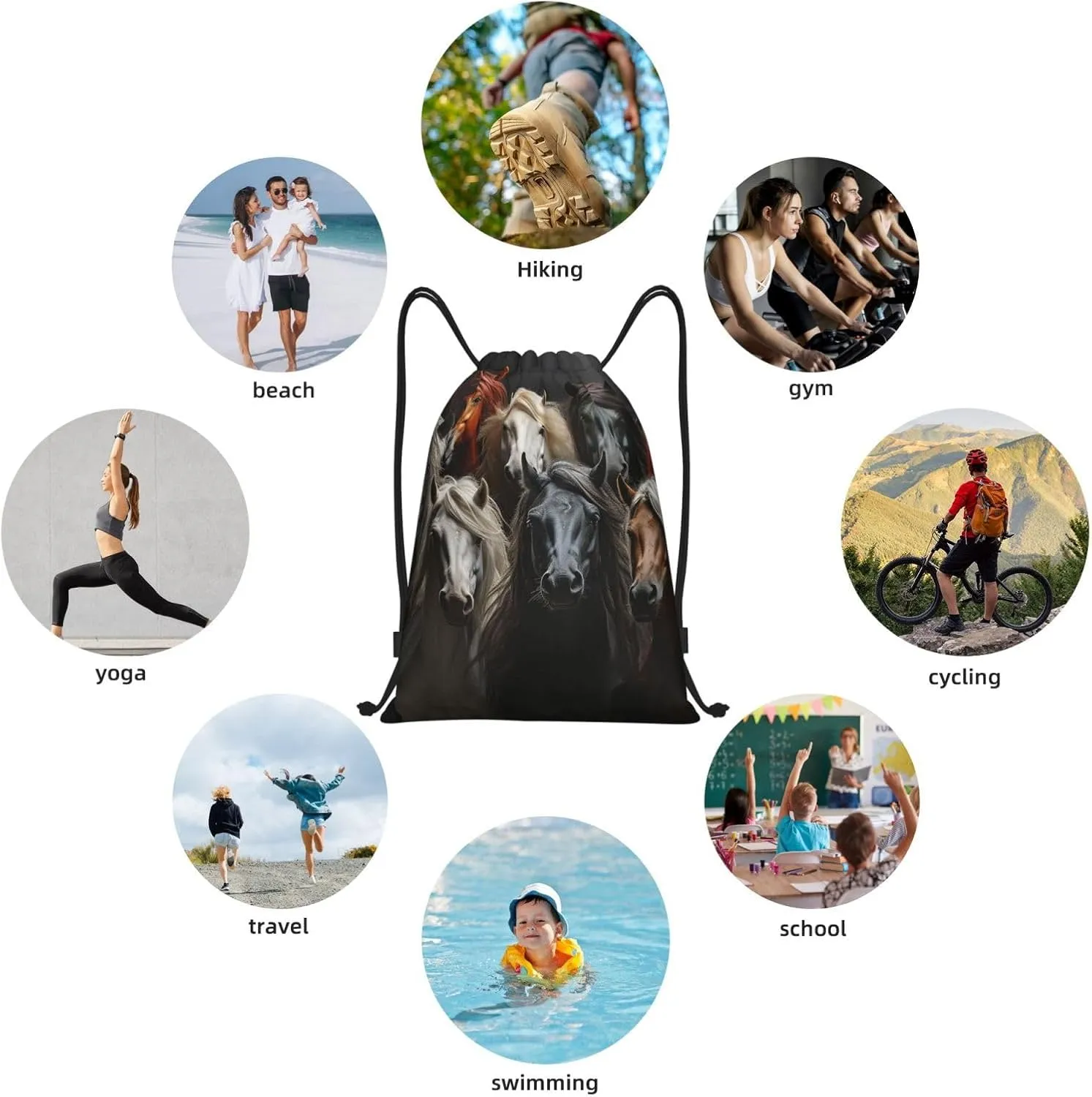 Drawstring Backpack Gym Bag Cinch Bag Foldable Draw String Back Bag Different Horses Drawstring Bags for Travel