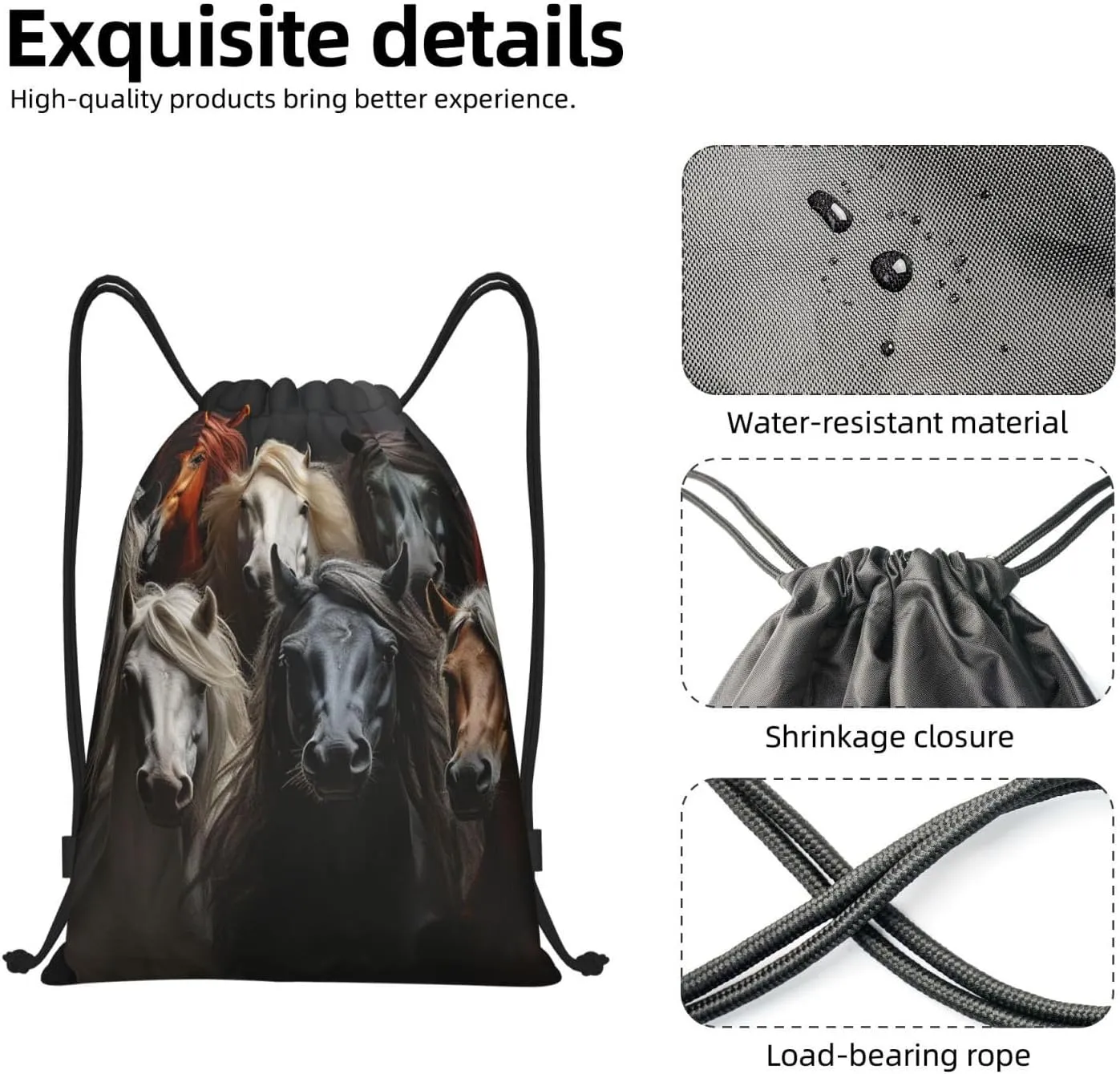 Drawstring Backpack Gym Bag Cinch Bag Foldable Draw String Back Bag Different Horses Drawstring Bags for Travel