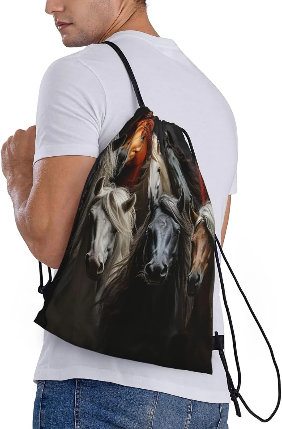 Drawstring Backpack Gym Bag Cinch Bag Foldable Draw String Back Bag Different Horses Drawstring Bags for Travel