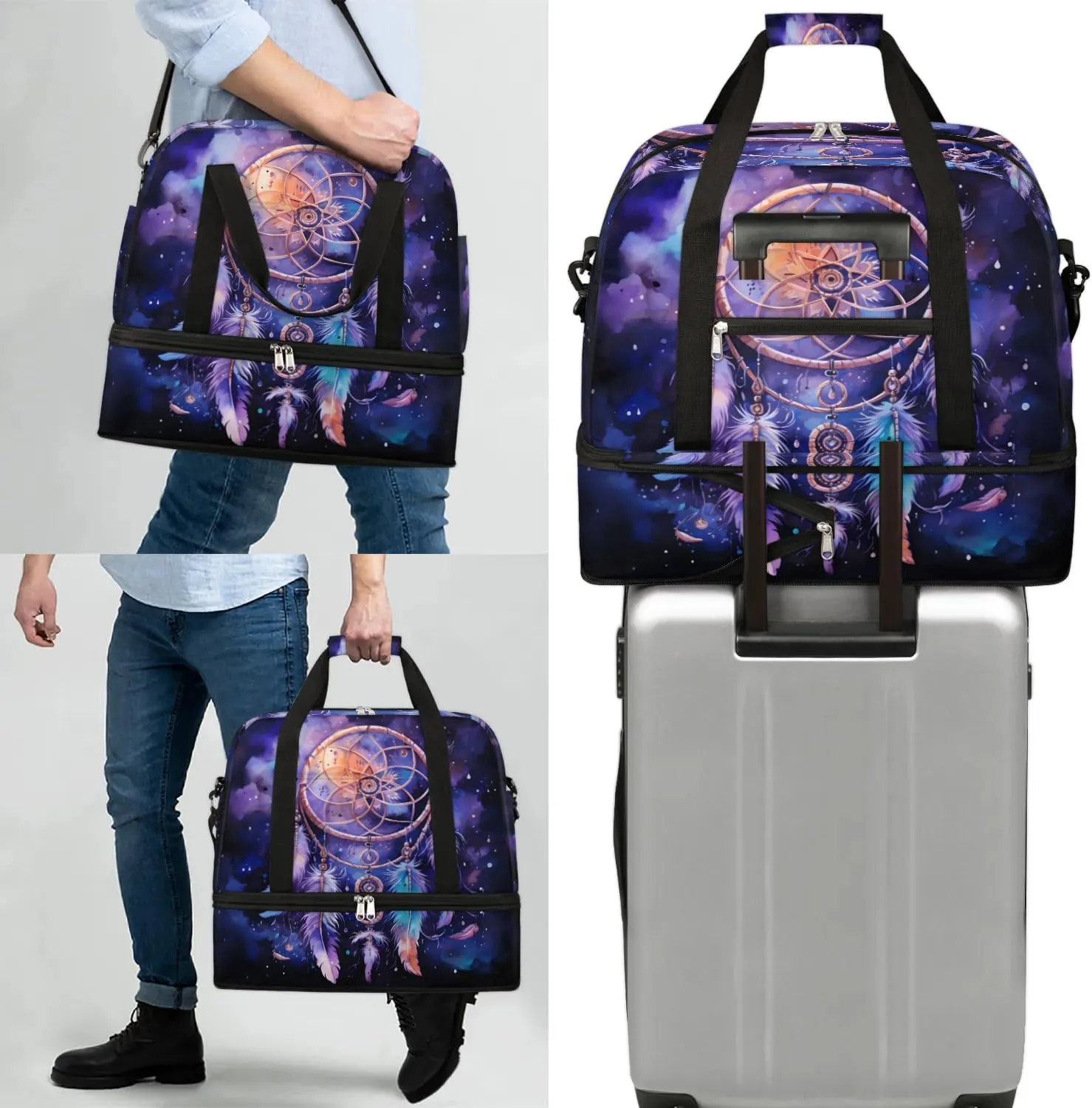 DreamCatcher Boho Pattern Travel Duffle Bag, Collapsible Travel Bag Sports Gym Bag With Shoes Compartment Weekender Bag Overnight Bag For Women Men
