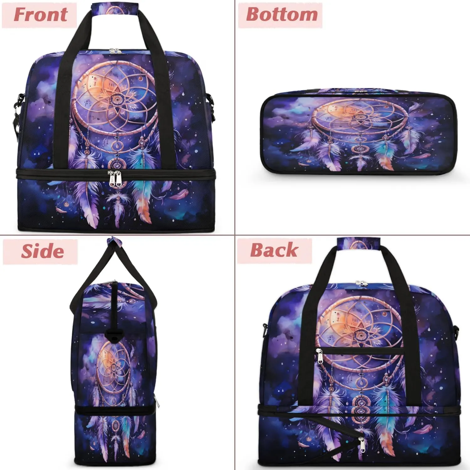 DreamCatcher Boho Pattern Travel Duffle Bag, Collapsible Travel Bag Sports Gym Bag With Shoes Compartment Weekender Bag Overnight Bag For Women Men