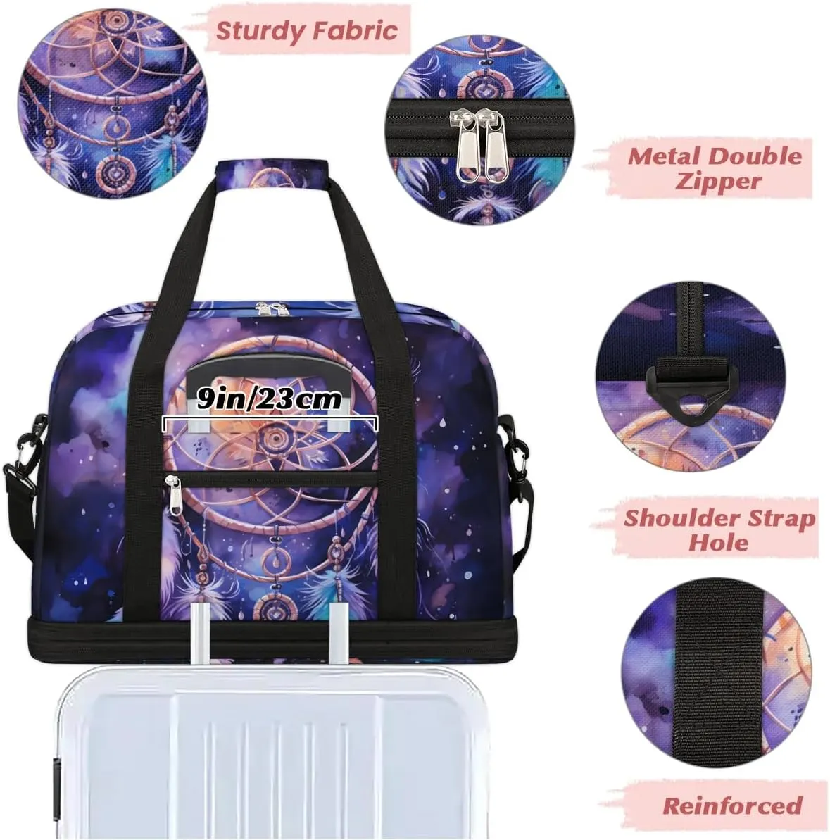 DreamCatcher Boho Pattern Travel Duffle Bag, Collapsible Travel Bag Sports Gym Bag With Shoes Compartment Weekender Bag Overnight Bag For Women Men