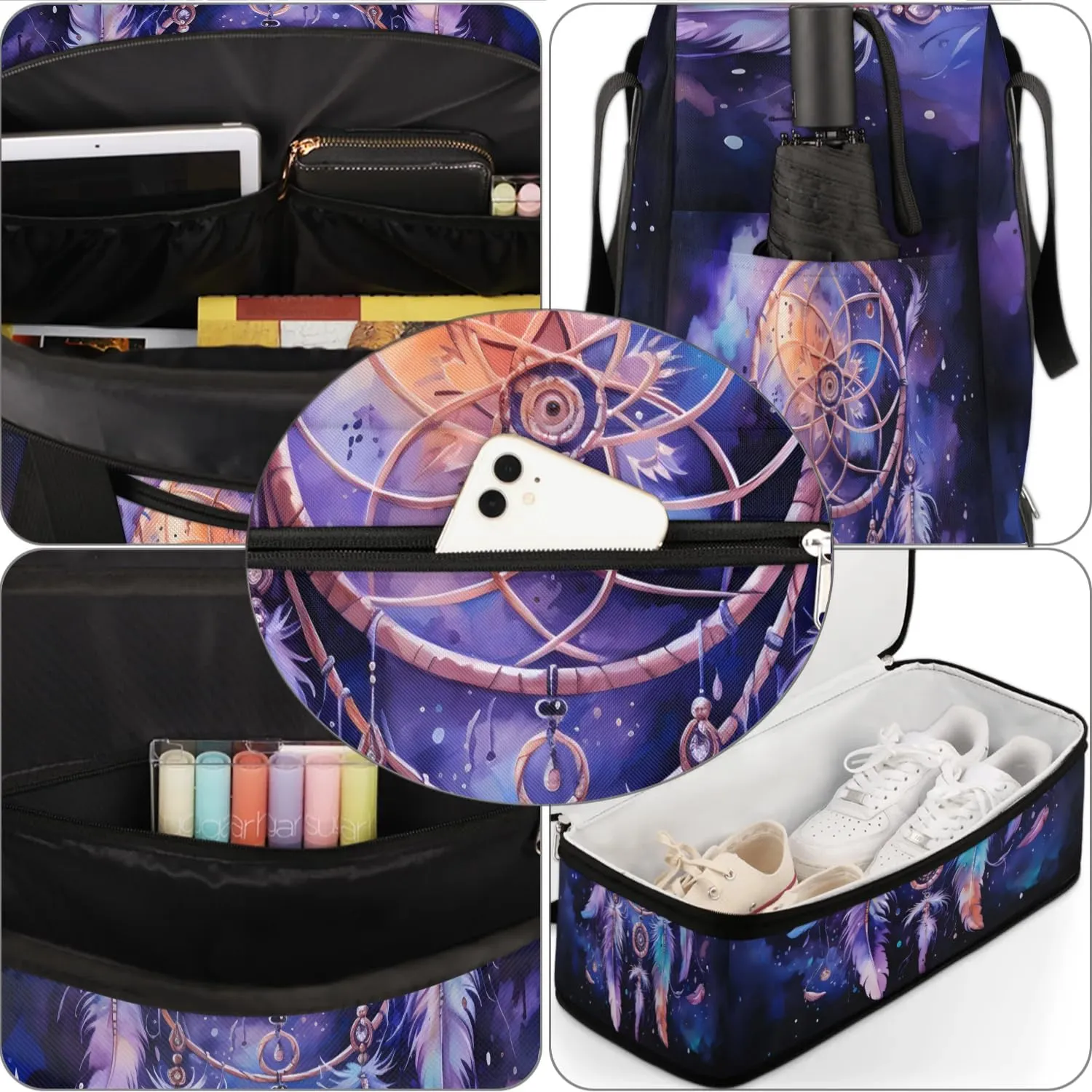 DreamCatcher Boho Pattern Travel Duffle Bag, Collapsible Travel Bag Sports Gym Bag With Shoes Compartment Weekender Bag Overnight Bag For Women Men
