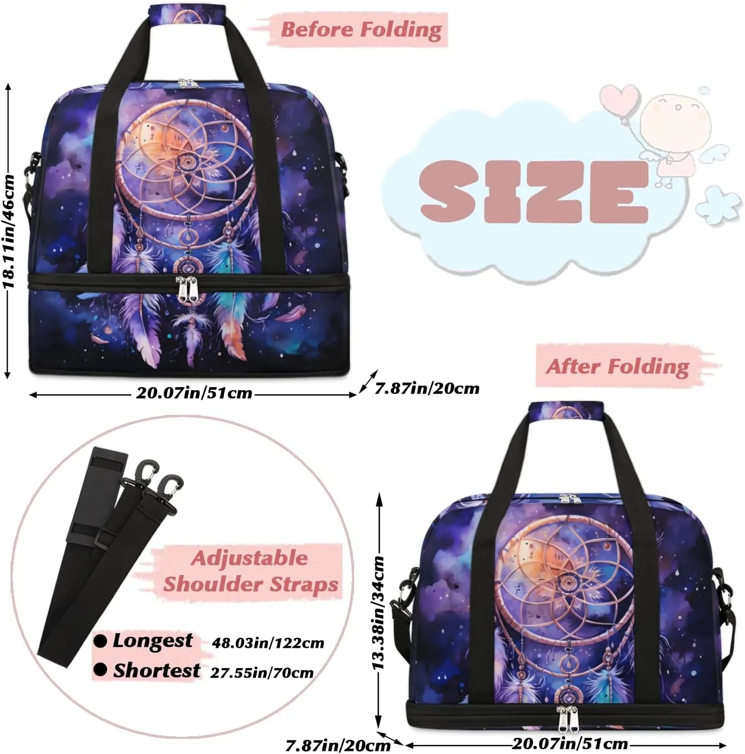 DreamCatcher Boho Pattern Travel Duffle Bag, Collapsible Travel Bag Sports Gym Bag With Shoes Compartment Weekender Bag Overnight Bag For Women Men