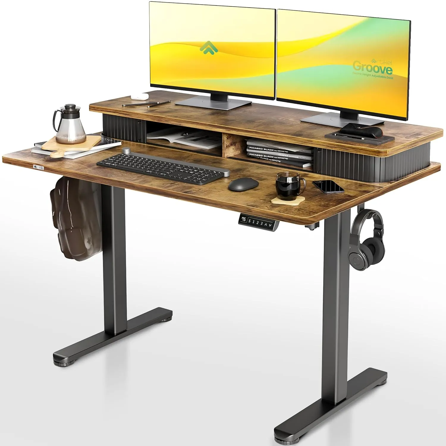 Drogo Artikel Groove Electric Height Adjustable Standing Desk with Roller Shutter Door Storage 120x63cm (Brown)