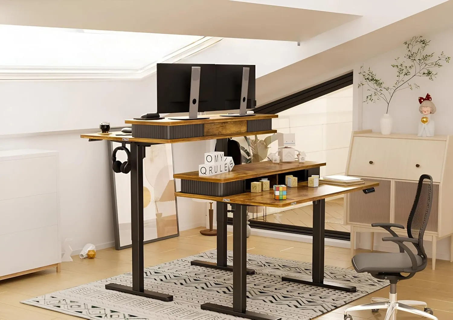 Drogo Artikel Groove Electric Height Adjustable Standing Desk with Roller Shutter Door Storage 120x63cm (Brown)