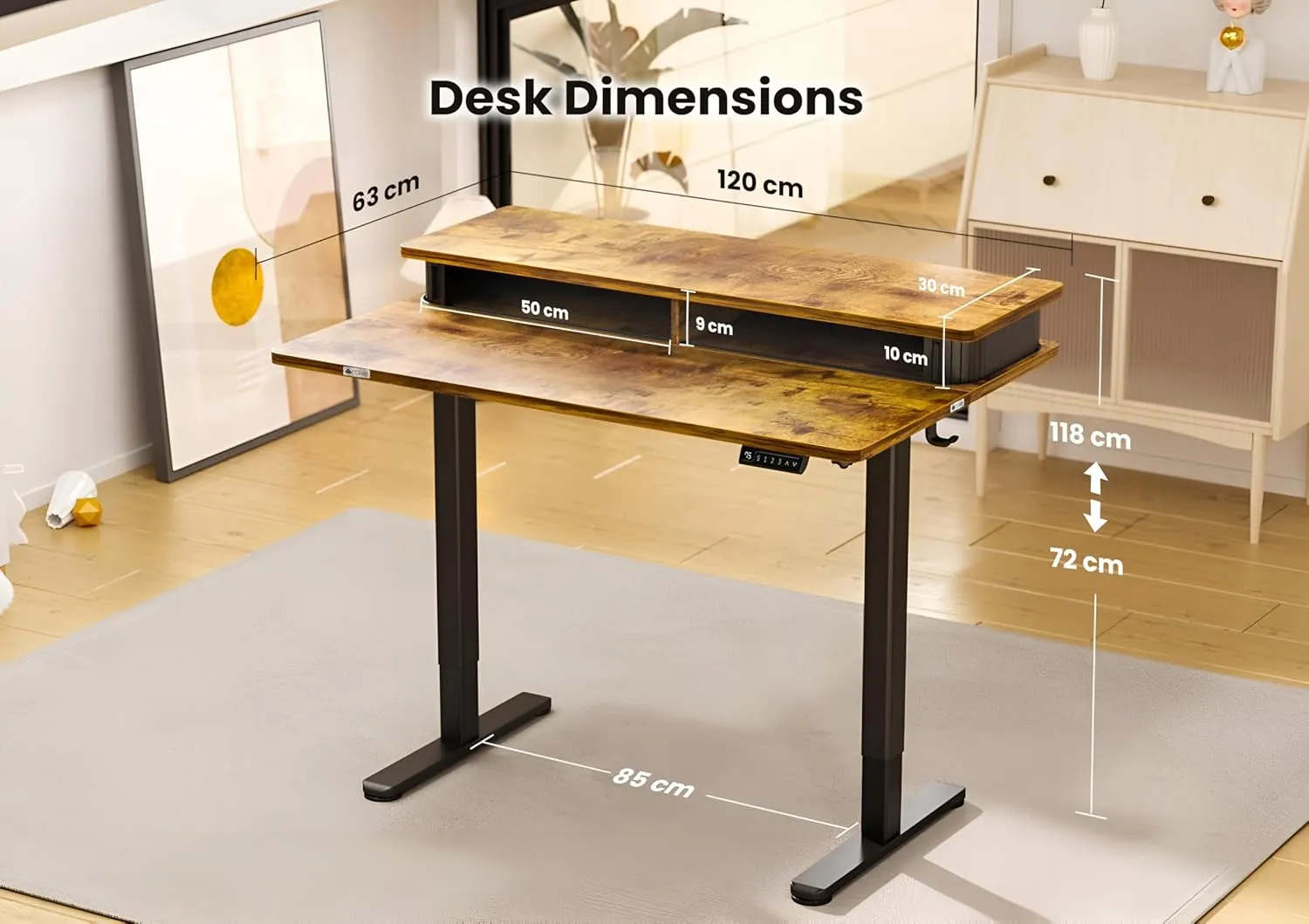Drogo Artikel Groove Electric Height Adjustable Standing Desk with Roller Shutter Door Storage 120x63cm (Brown)