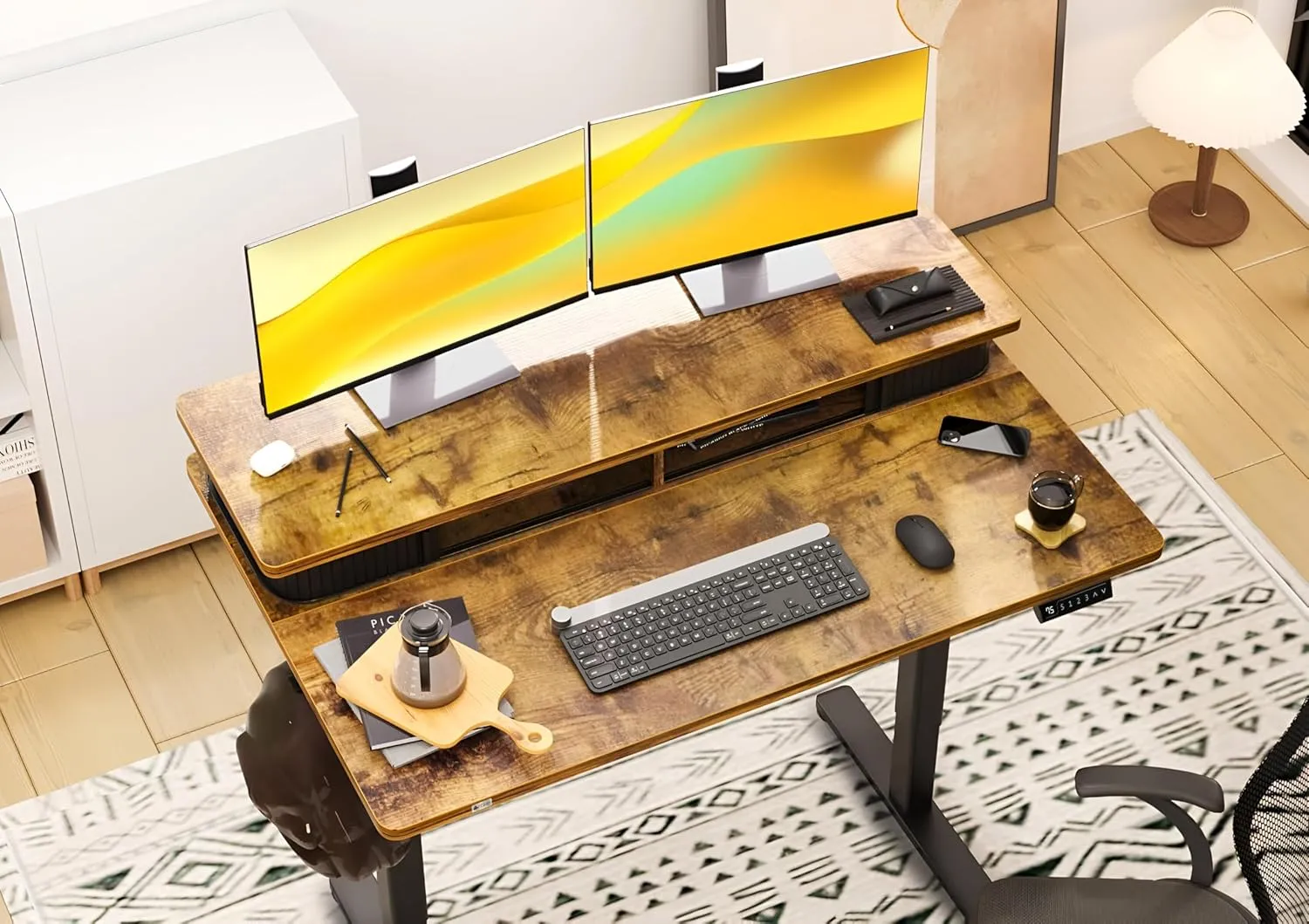 Drogo Artikel Groove Electric Height Adjustable Standing Desk with Roller Shutter Door Storage 120x63cm (Brown)