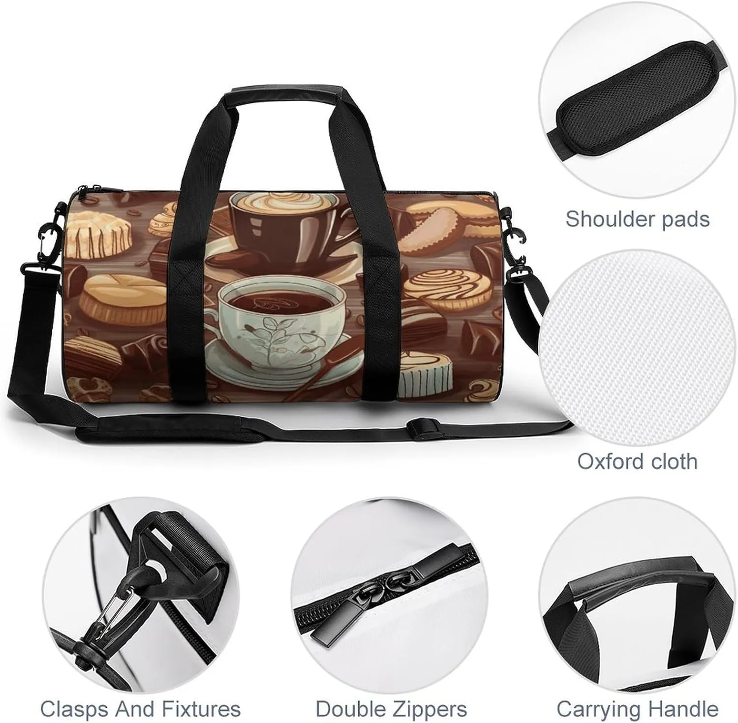 Duffel Bag for Men Women Gym Bag Coffee And Sweets Sugar Chocolate Travel Duffel Bag Waterproof Overnight Bag for Sports Workout