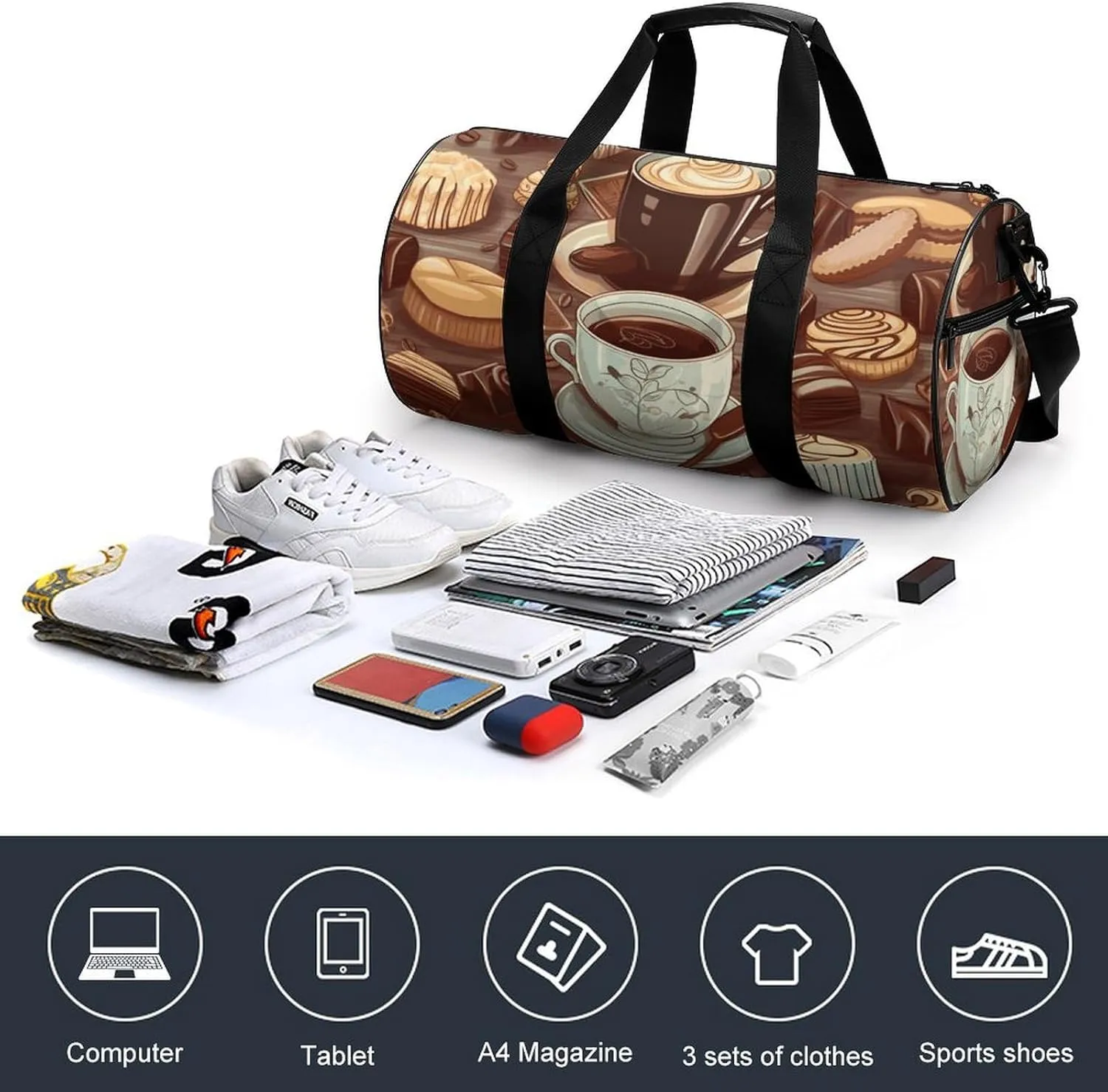 Duffel Bag for Men Women Gym Bag Coffee And Sweets Sugar Chocolate Travel Duffel Bag Waterproof Overnight Bag for Sports Workout