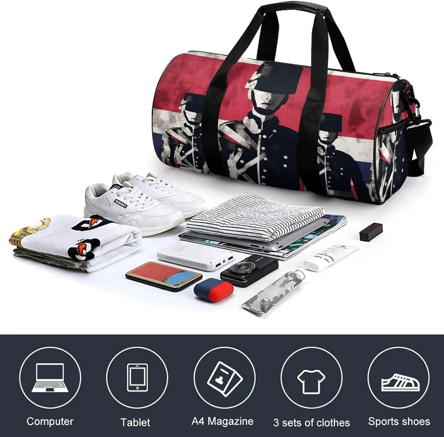 Duffel Bag for Men Women Gym Bag Soldier in Front of American Flag Travel Duffel Bag Waterproof Overnight Bag for Sports Workout