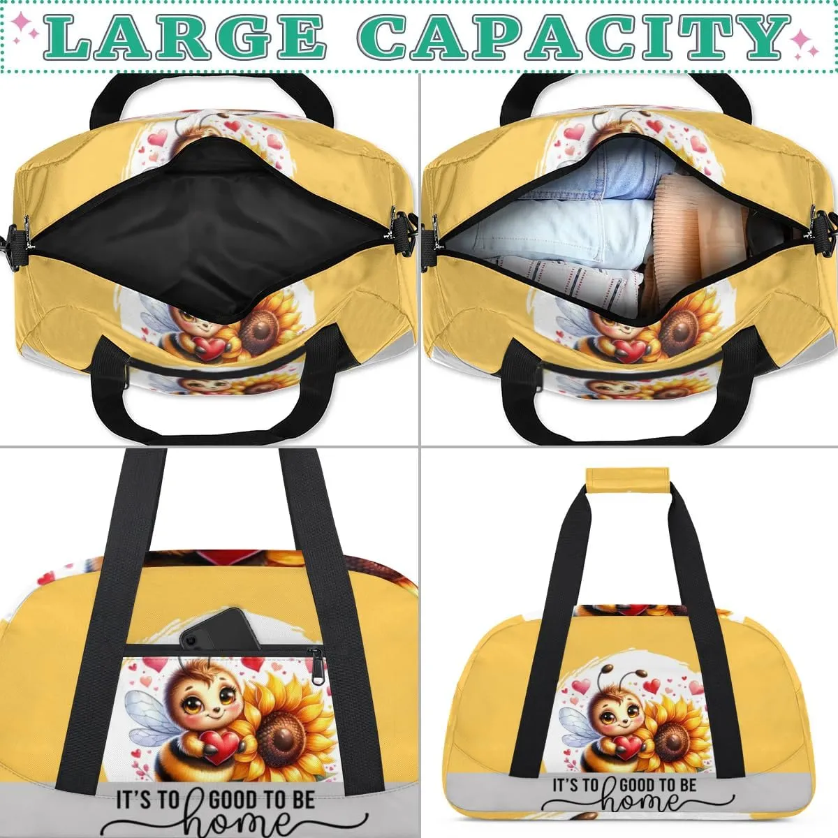 Duffle Bag Bee Sunflower Flower Love PersonalizedGym Bag Travel Bag Luggage Bag Waterproof Lightweight Sports for Dance Gymnastics Cheers Soccer Wrestling Hospital, for Weekender Overnight
