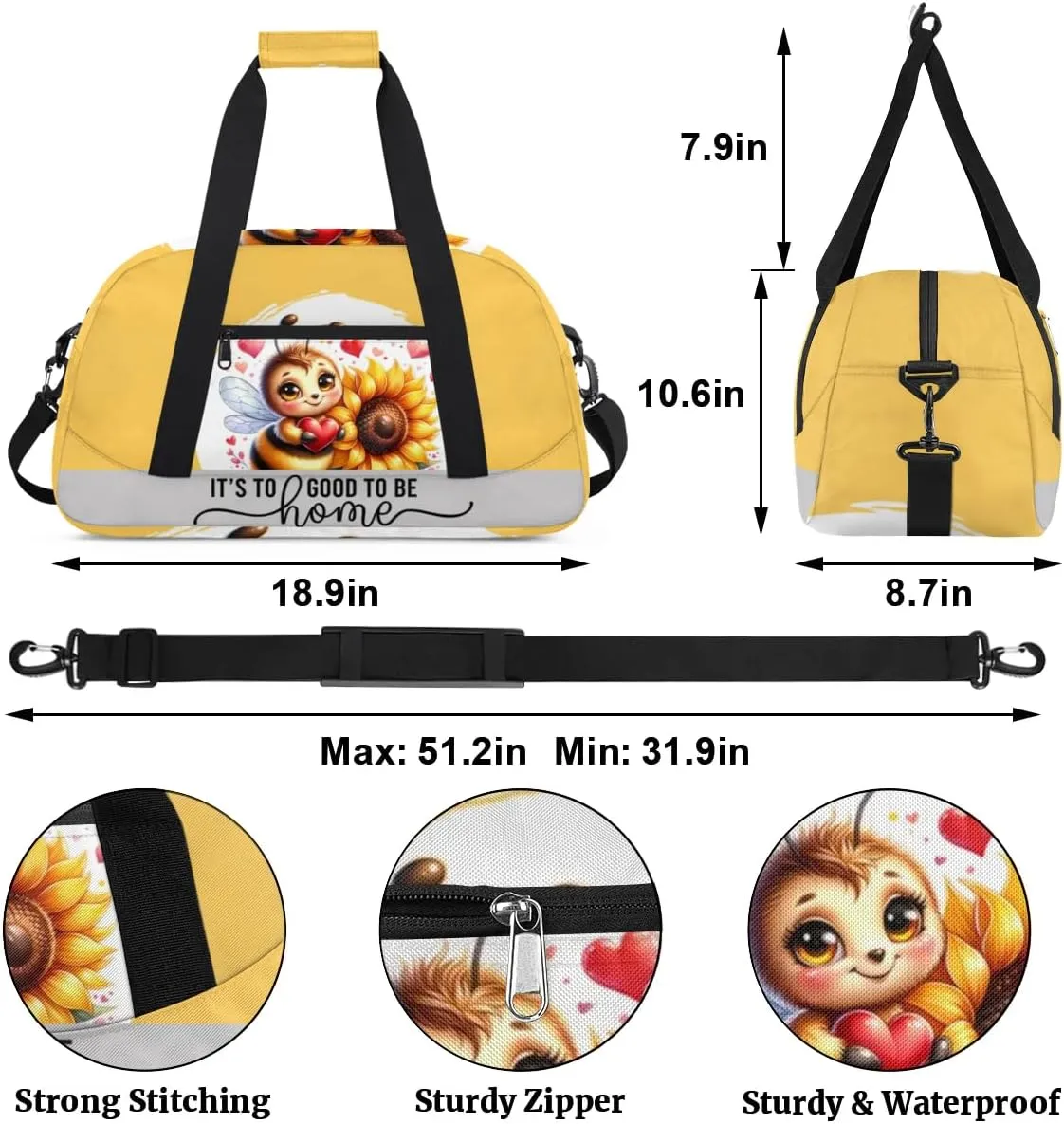 Duffle Bag Bee Sunflower Flower Love PersonalizedGym Bag Travel Bag Luggage Bag Waterproof Lightweight Sports for Dance Gymnastics Cheers Soccer Wrestling Hospital, for Weekender Overnight