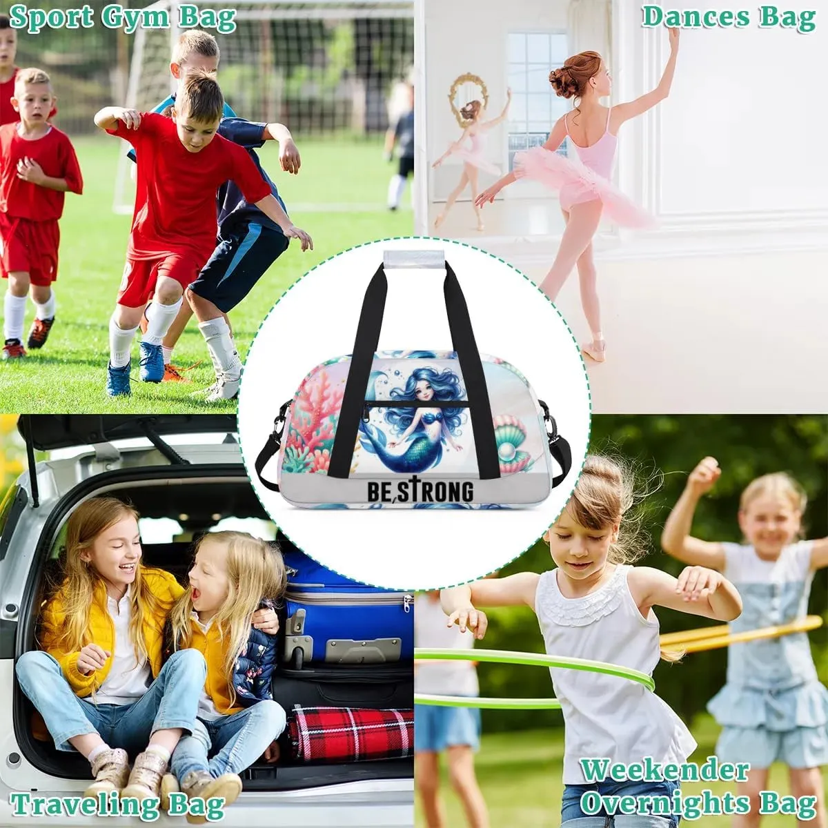 Duffle Bag Cute Mermaid Sea Coral Shells PersonalizedGym Bag Travel Bag Luggage Bag Waterproof Lightweight Sports for Dance Gymnastics Cheers Soccer Wrestling Hospital, for Weekender Overnight