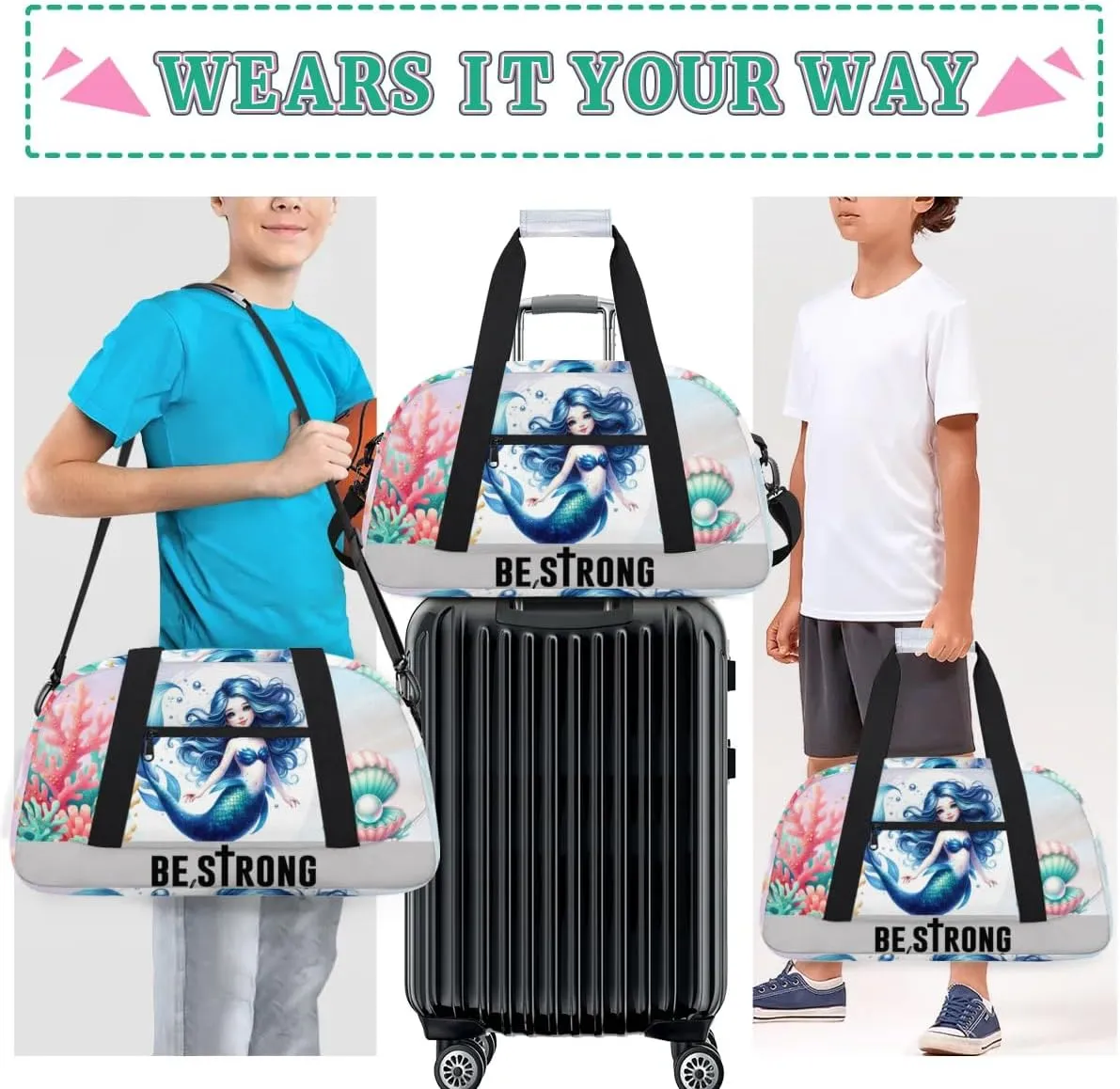 Duffle Bag Cute Mermaid Sea Coral Shells PersonalizedGym Bag Travel Bag Luggage Bag Waterproof Lightweight Sports for Dance Gymnastics Cheers Soccer Wrestling Hospital, for Weekender Overnight