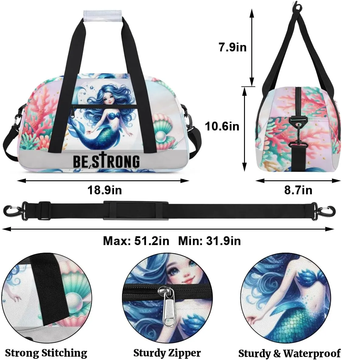 Duffle Bag Cute Mermaid Sea Coral Shells PersonalizedGym Bag Travel Bag Luggage Bag Waterproof Lightweight Sports for Dance Gymnastics Cheers Soccer Wrestling Hospital, for Weekender Overnight