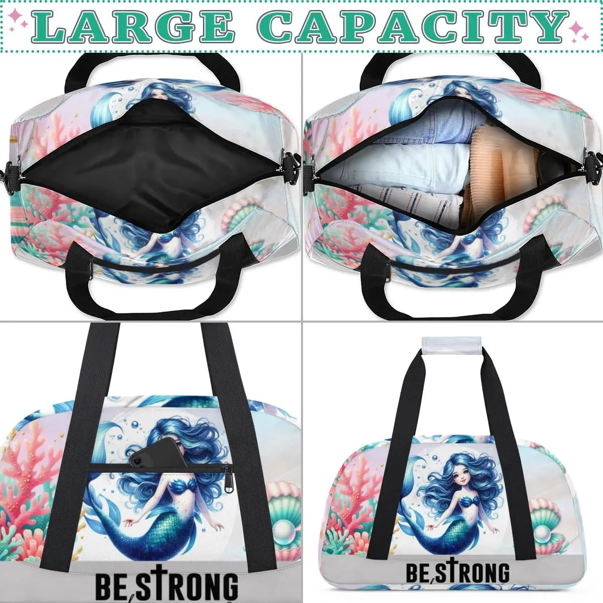 Duffle Bag Cute Mermaid Sea Coral Shells PersonalizedGym Bag Travel Bag Luggage Bag Waterproof Lightweight Sports for Dance Gymnastics Cheers Soccer Wrestling Hospital, for Weekender Overnight
