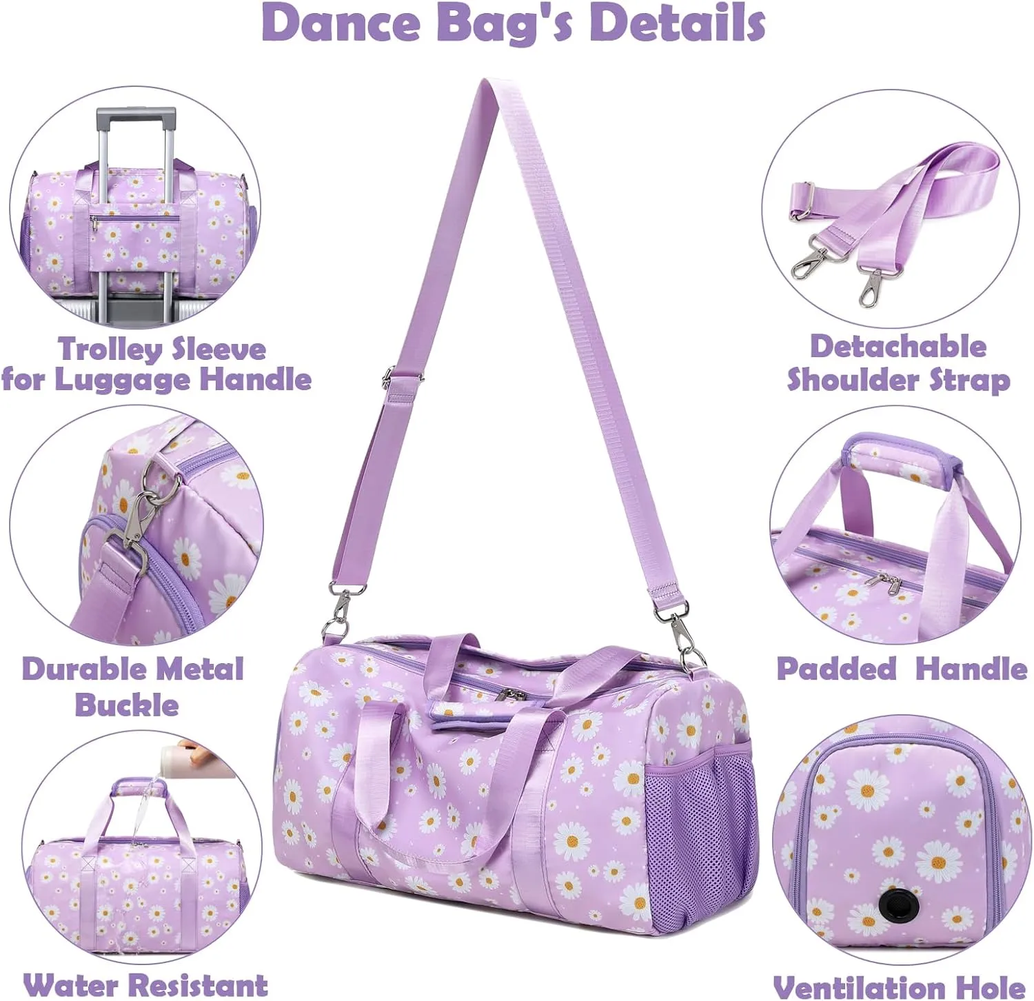 Duffle Bag for Girls, Purple Daisy Dance Sports Gym Ballet Bag with Wet & Shoe Compartments, Overnight Sleepover Weekender Carry On Travel Bag with Trolley Sleeve for Girls Women