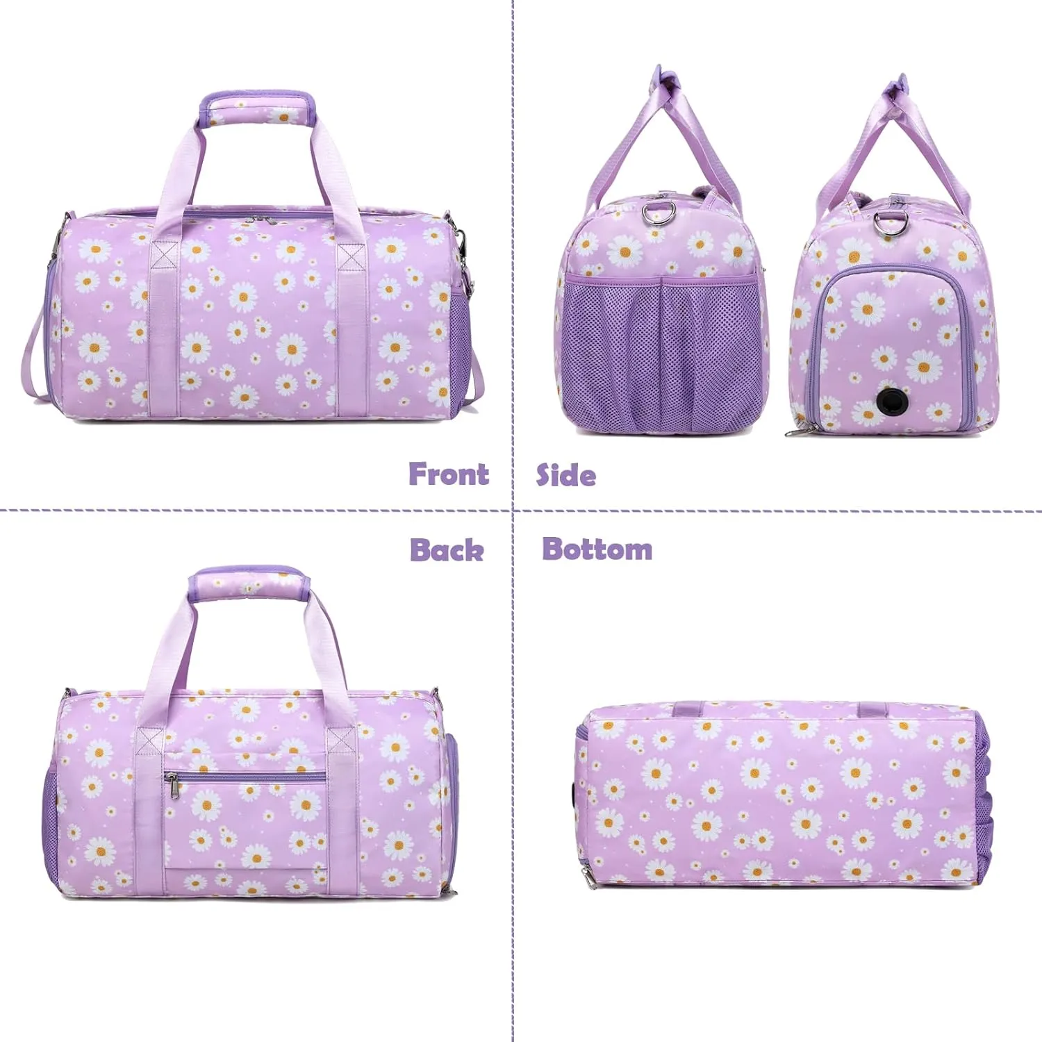 Duffle Bag for Girls, Purple Daisy Dance Sports Gym Ballet Bag with Wet & Shoe Compartments, Overnight Sleepover Weekender Carry On Travel Bag with Trolley Sleeve for Girls Women