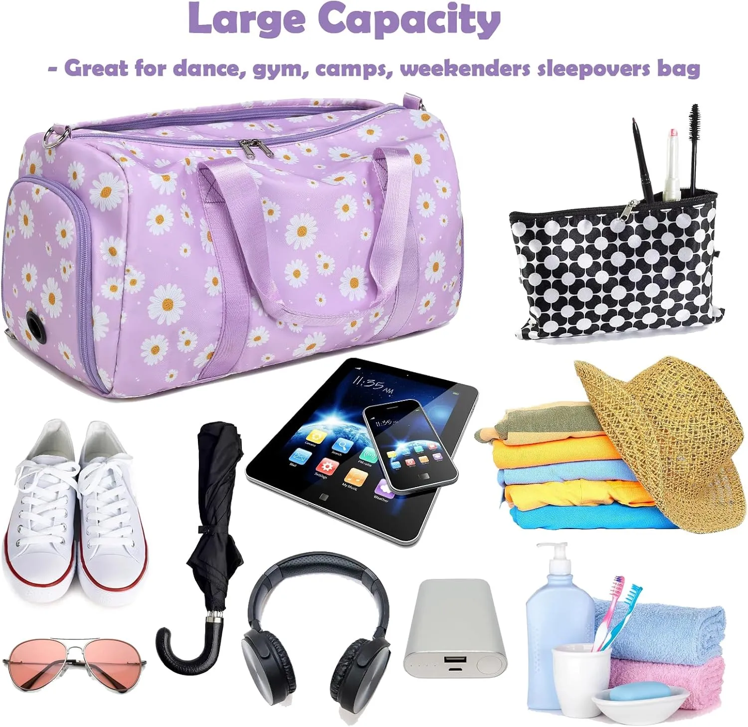 Duffle Bag for Girls, Purple Daisy Dance Sports Gym Ballet Bag with Wet & Shoe Compartments, Overnight Sleepover Weekender Carry On Travel Bag with Trolley Sleeve for Girls Women