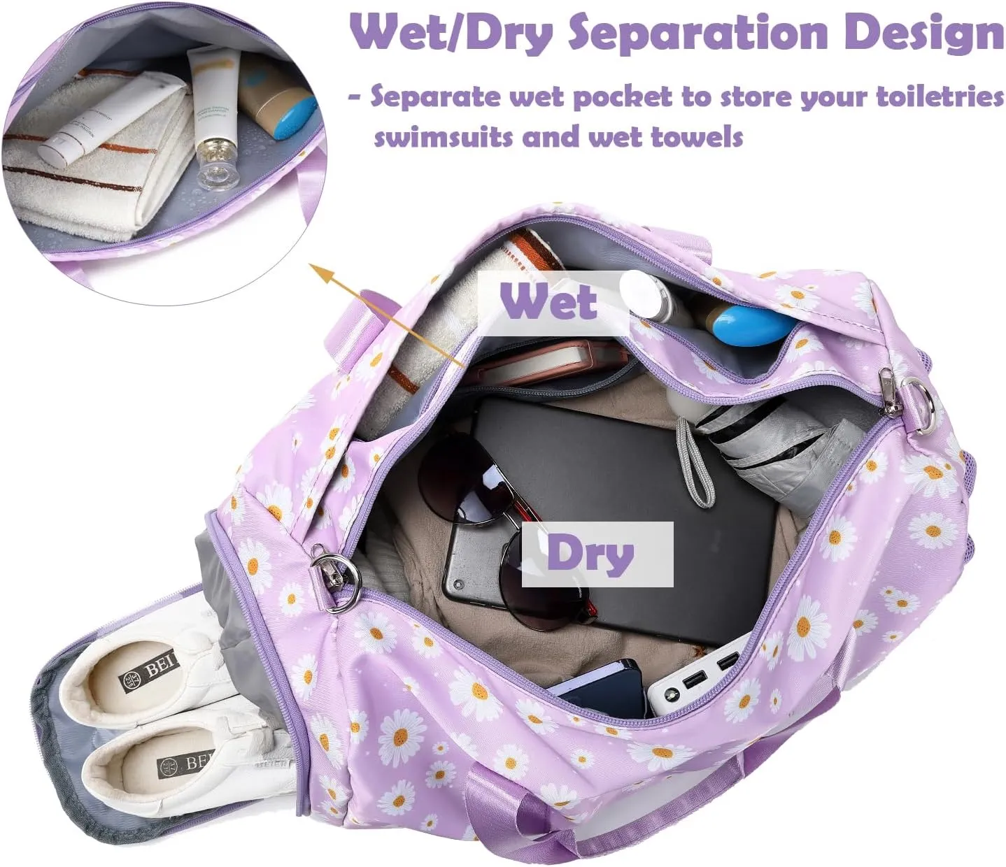 Duffle Bag for Girls, Purple Daisy Dance Sports Gym Ballet Bag with Wet & Shoe Compartments, Overnight Sleepover Weekender Carry On Travel Bag with Trolley Sleeve for Girls Women